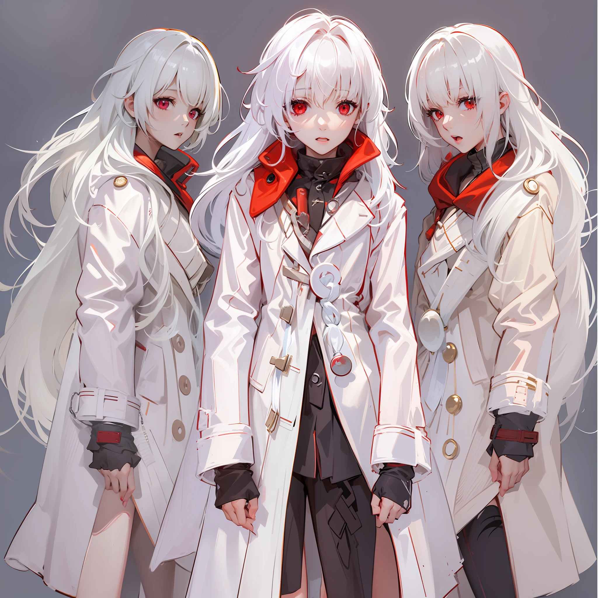 one-girl,White color hair,Red eyes,Bare legged,long whitr hair,Red coat,