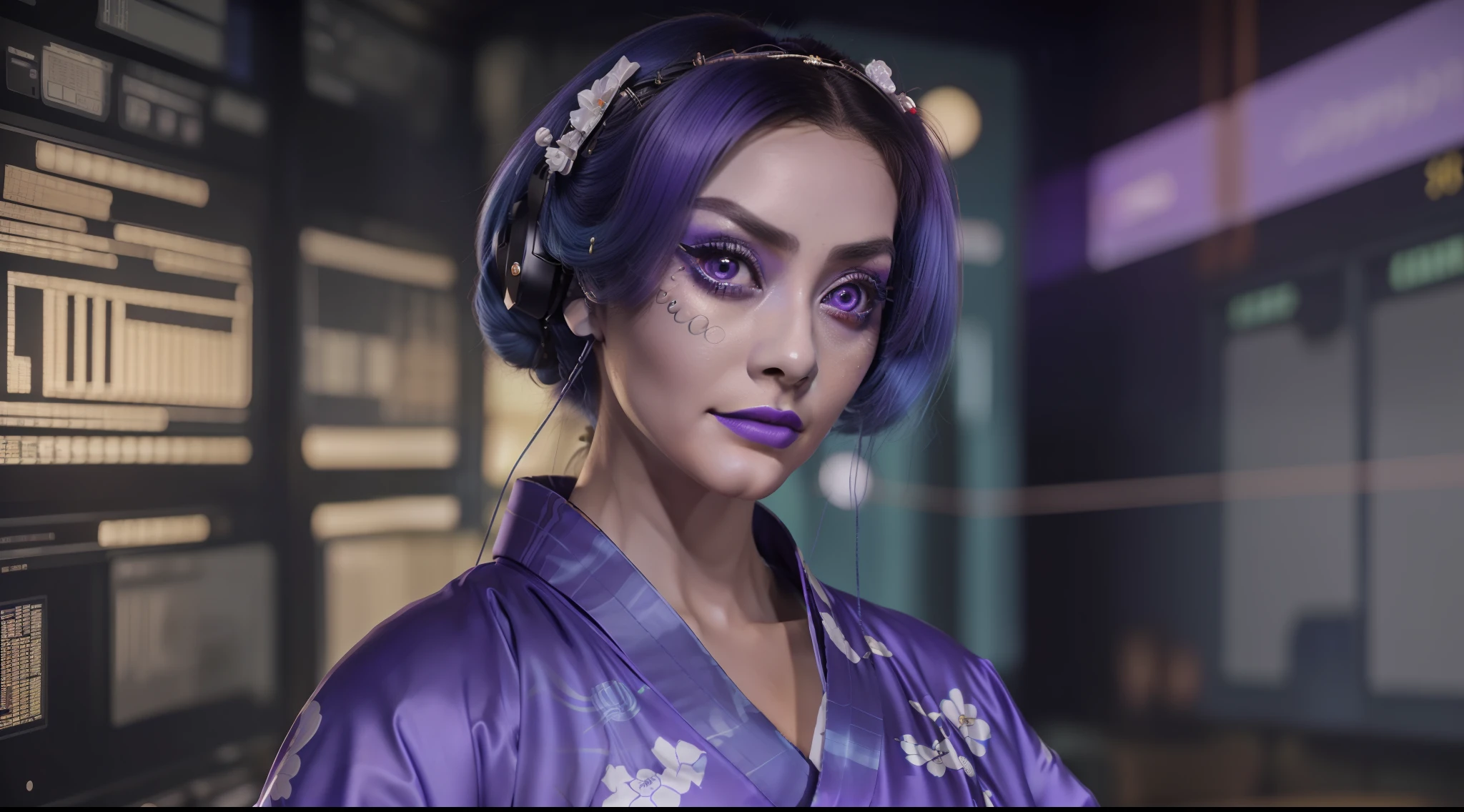 8k, ARTISTIC photography, best quality, masterpiece: 1.2), (realistic, photorealistic: 1.37` Movie still from johnny mnemonic movie directed by (John Carpenter) from 1987, (cyber punk woman face covered with a Virtual Reality headset connected to a mainframe,), ((Blue hair)) , (hacking console), over-detailed face, (((big open eyes))), beautiful body, toned body, (( dressed as futuristic Geisha clothes, ǍCROŇYM)). (((plastic Purple Kimono))), posing, in dark room wires coming through the walls and from computers.