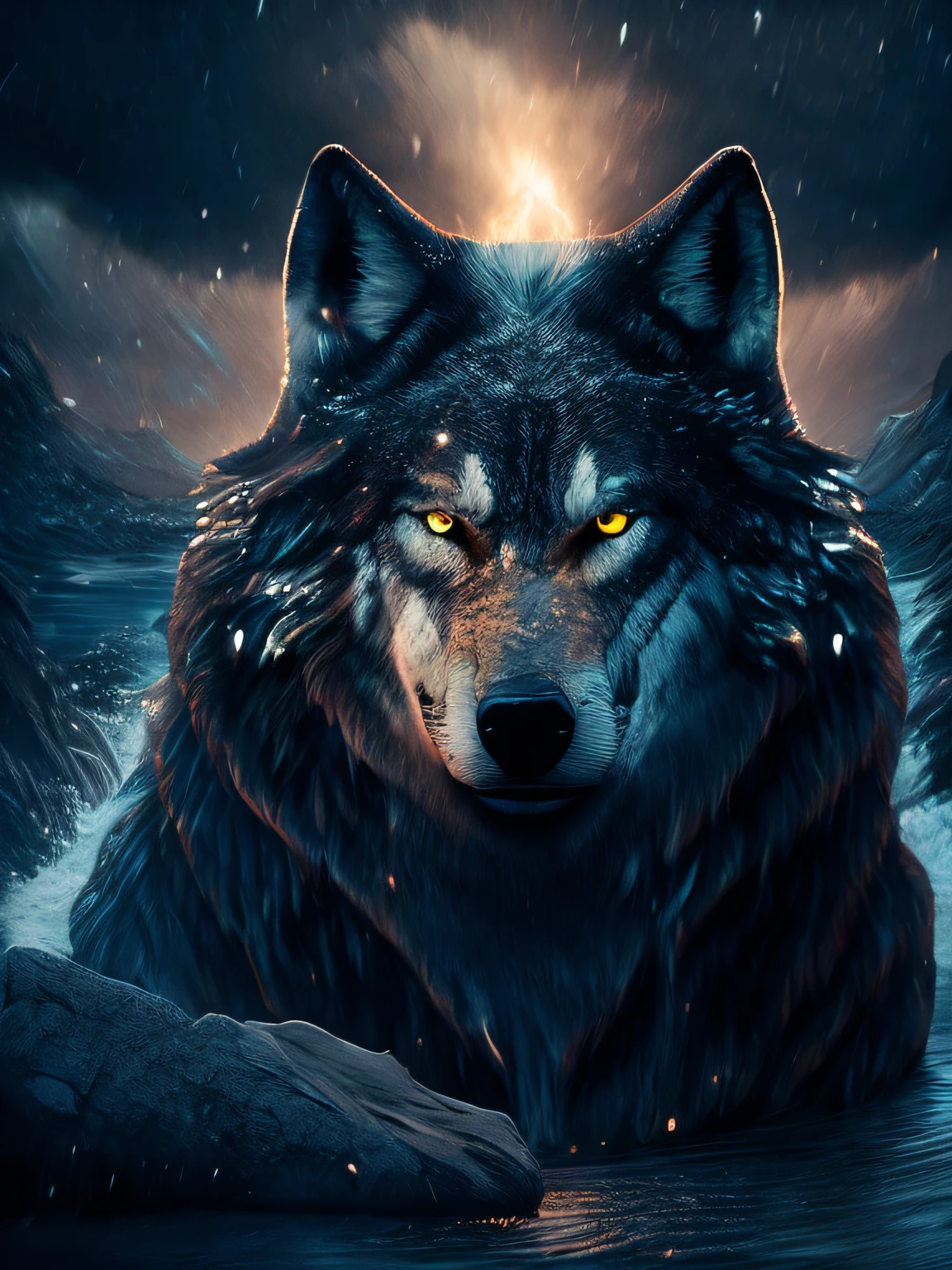 Wolf God, surreal, tense, cold, highly detailed, sharp, professional, 8k UHD, movie, dark, violent, outdoor, river, battle, chase, dramatic, vivid, tense atmosphere, rendering, epic, twilight, HDR, album cover, blizzard, lightning, disaster