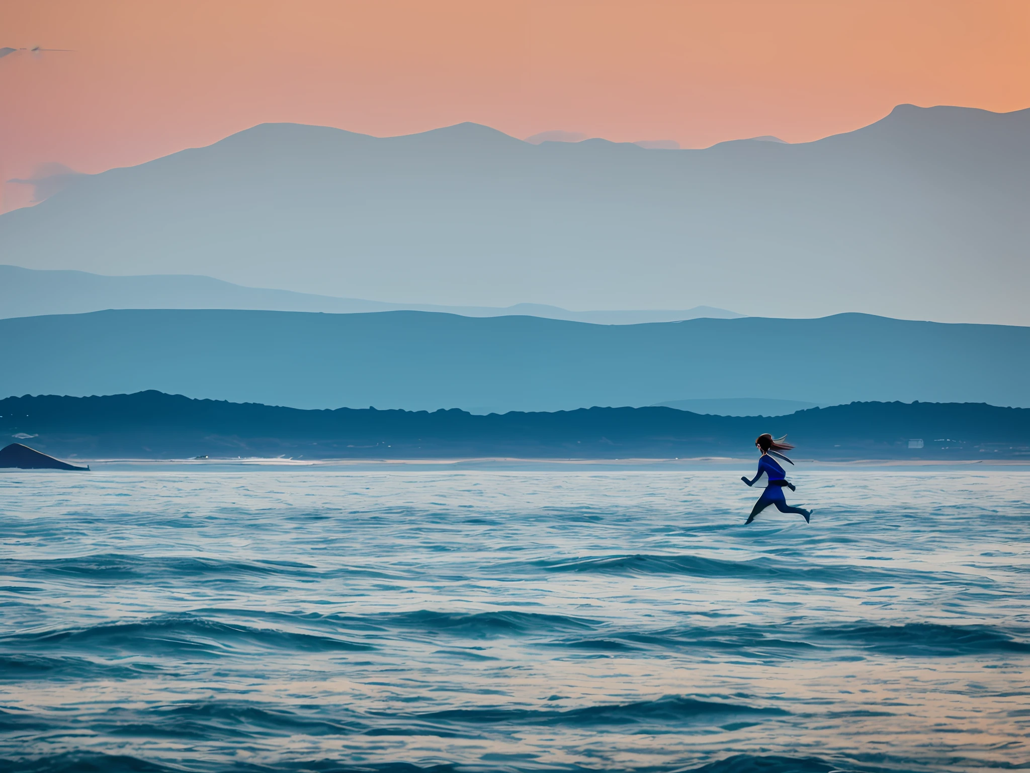 a girl, running on sea, overlooking ,whale