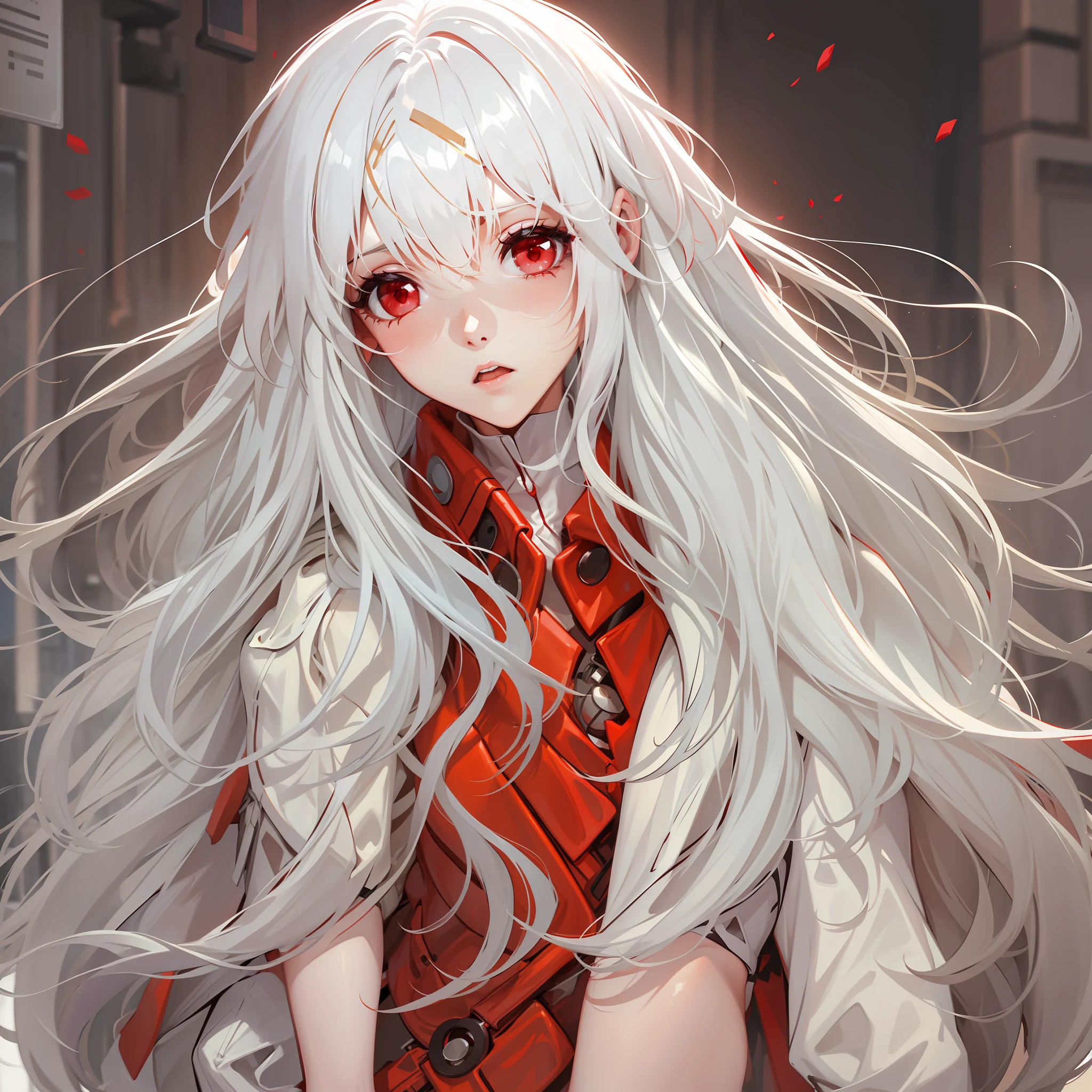 one-girl,White color hair,Red eyes,Bare legged,long whitr hair,Red coat,