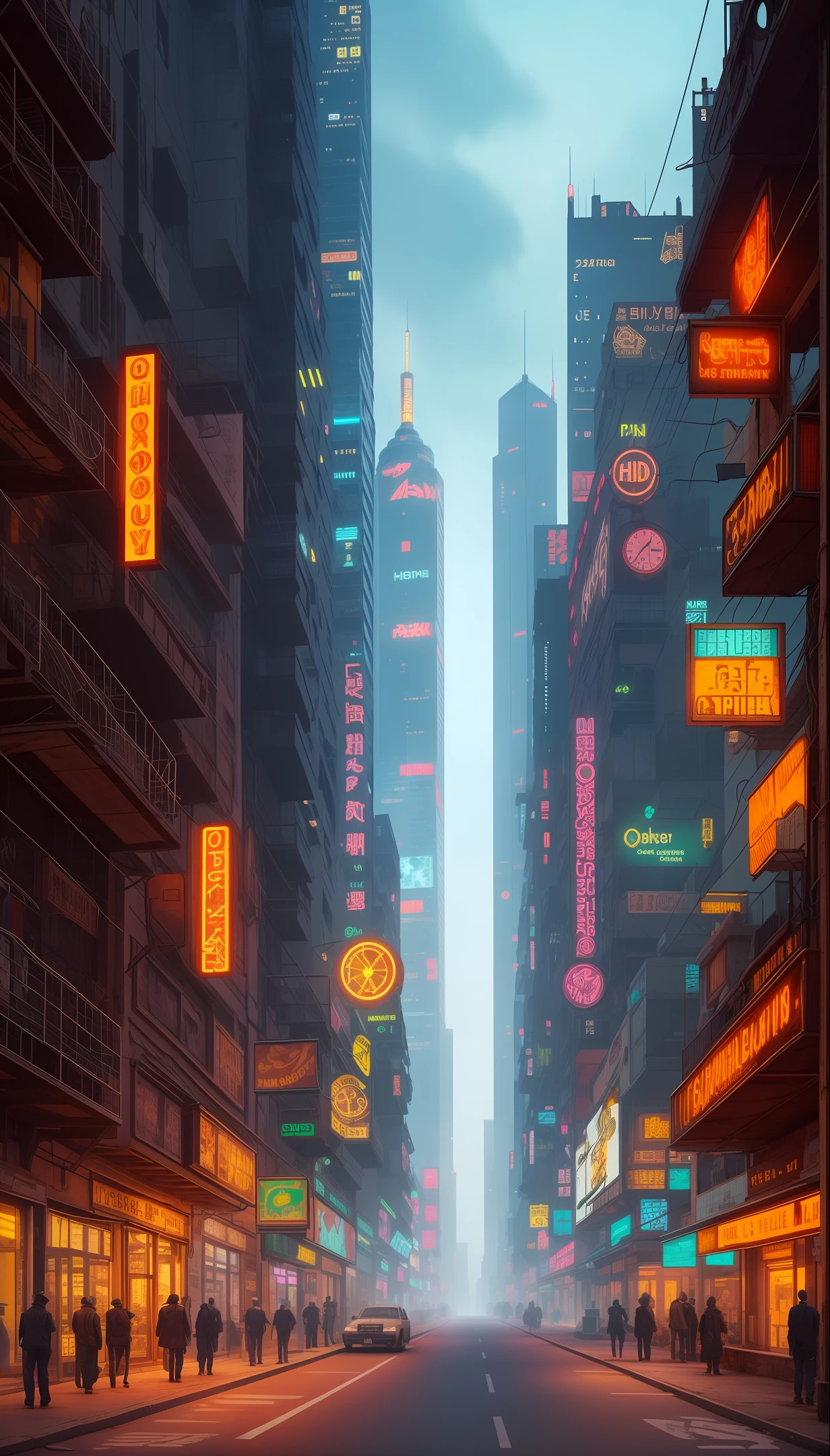 Create a steampunk-style cyberpunk city in high quality, all in Full HD