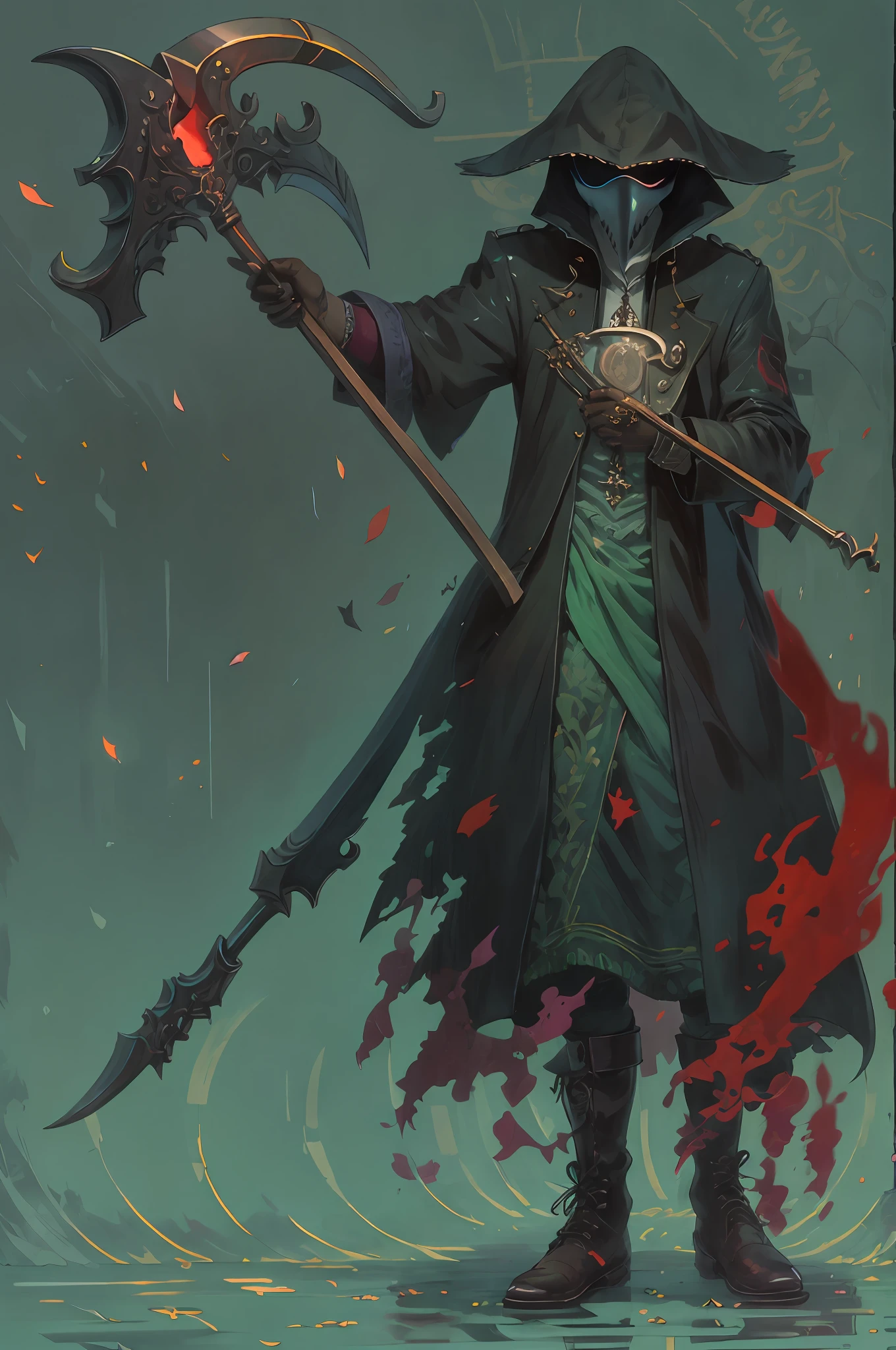 (es)
"((masterpiece)), best quality, ultra-detailed, Izuku Midoriya as the grim reaper, plague doctor's clothes, scythe, (1 person), red shadow, crimson moonlight, cementary, eerie atmosphere."