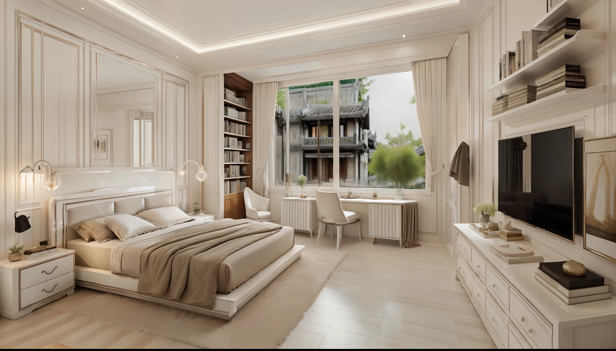 best quality, master picece, hyper detail, supper detail, best realistic, (classical bedroom, beautiful lighting, shimmering)|[dreamy:1.2+airy:0.9],((whiten tone:1.5)), (hoi an old city themeposter on head bed )))