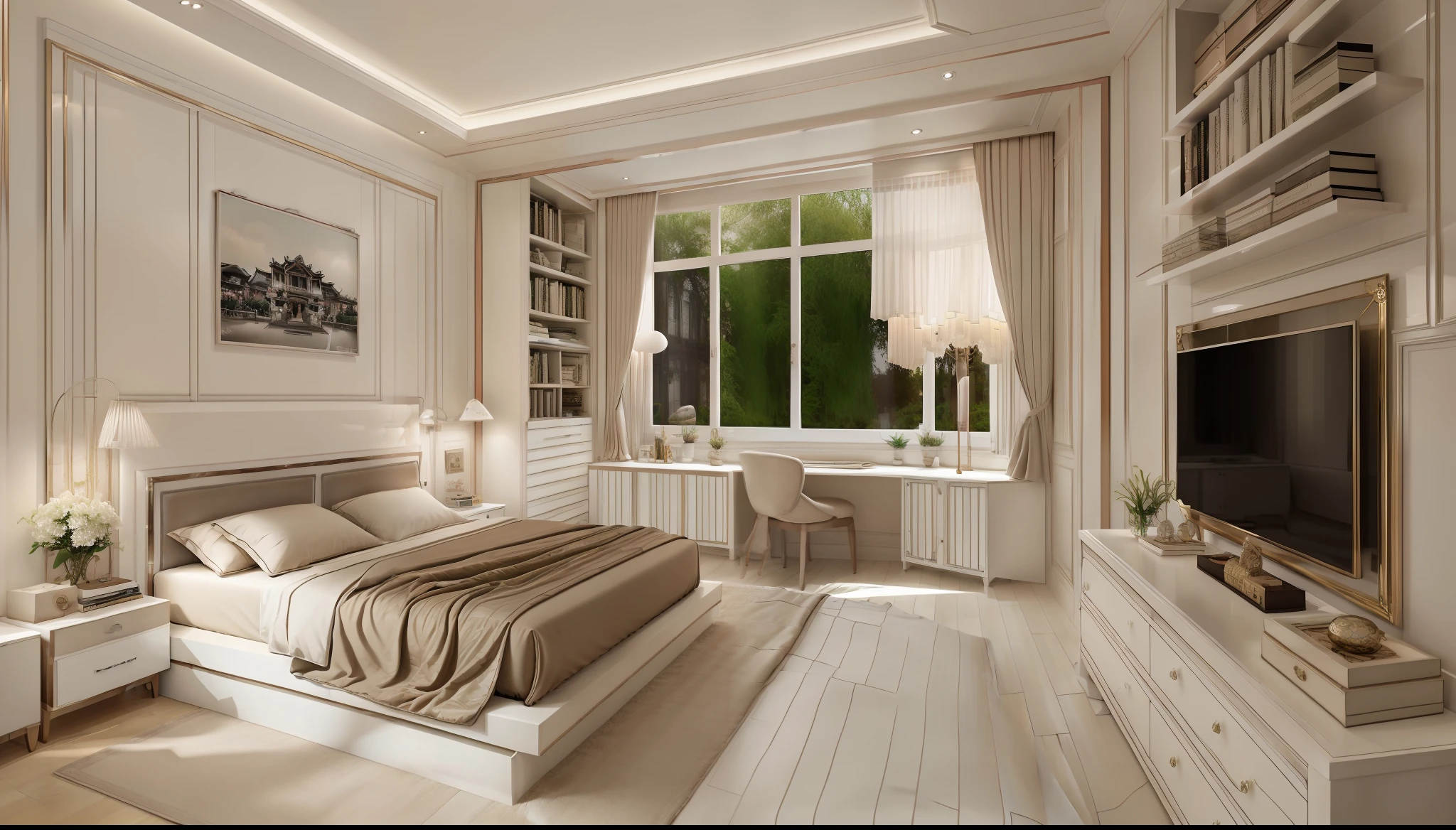 best quality, master picece, hyper detail, supper detail, best realistic, (classical bedroom, beautiful lighting, shimmering)|[dreamy:1.2+airy:0.9],((whiten tone:1.5)), (hoi an old city themeposter on head bed )))