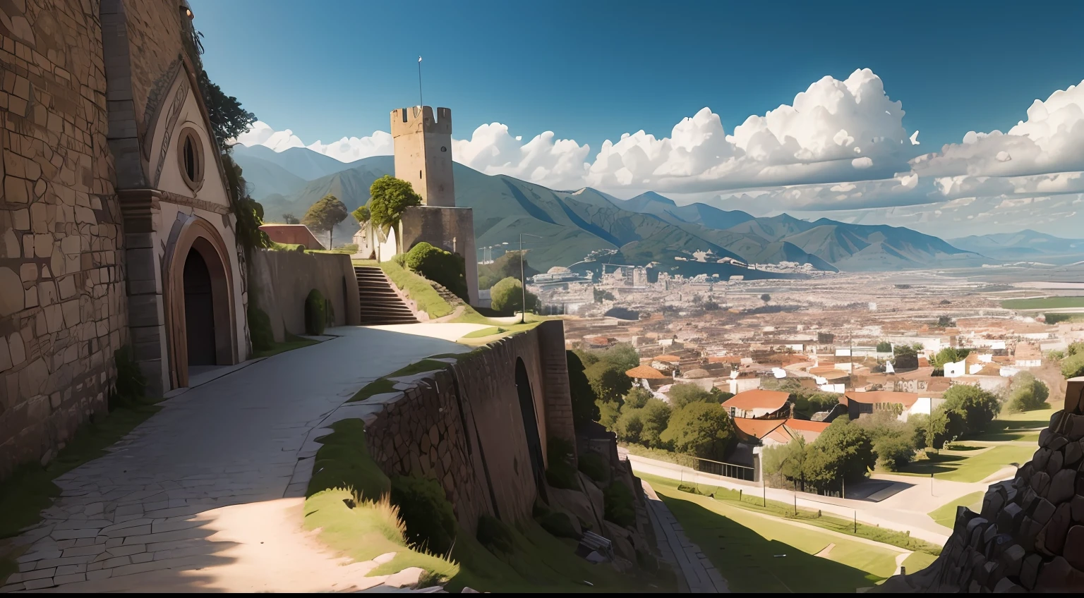 Um mapa de uma cidade medieval em perspectiva cavaleira, sem pessoas, castelo no centro com vilarejos ao seu redor, cercada por altos muros, arborizada, com um rio corrente ao seu norte, in the nighttime, clima temperado, foto realista, 8k, alta qualidade, Film style, lentes de cinema. --auto