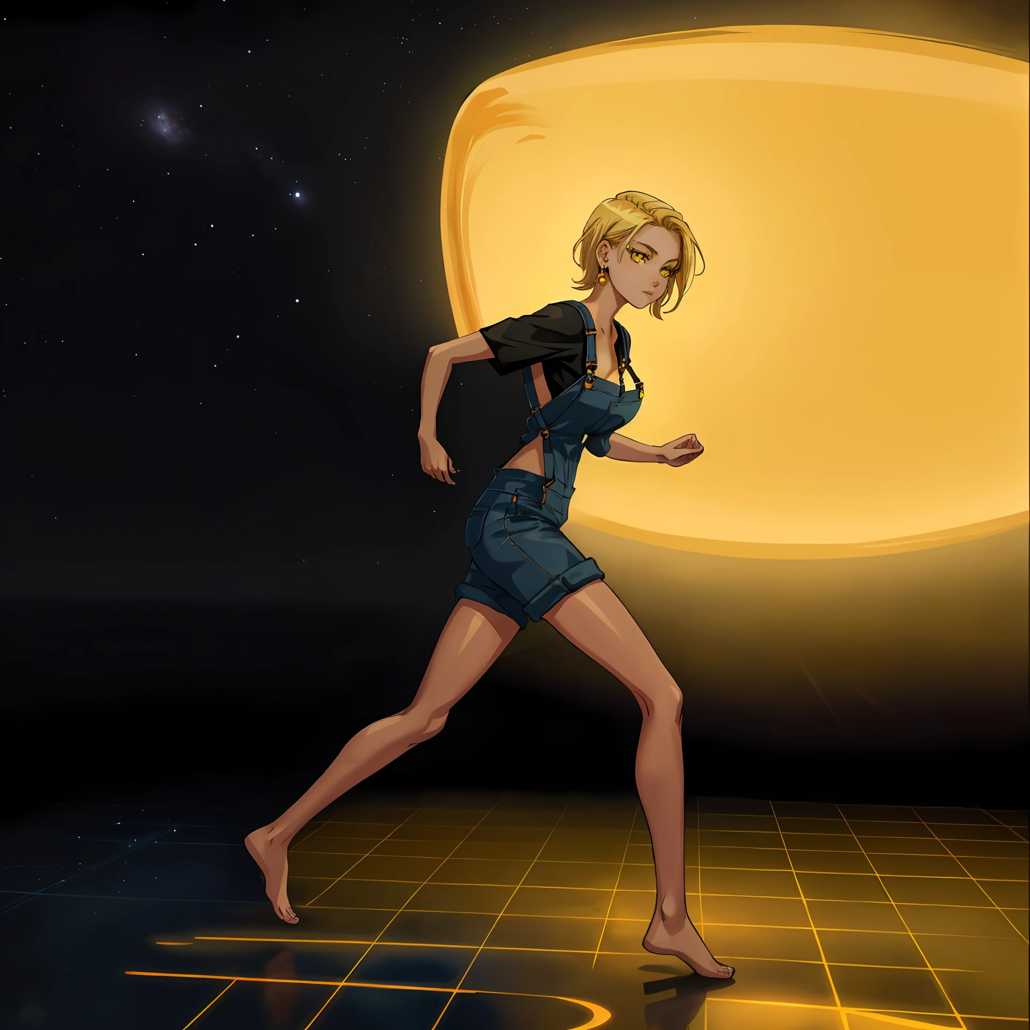 anime 1girl, solo, Best Quality, Masterpiece, High Resolution, ((Night, 8K, Masterpiece: 1.3)), Full Body, from side, Long Legs, Focal Length: 1.2, Perfect Body: 1.6, Slim Abs: 1.4, Bronzed Skin, Big Breasts: 3.5, Delicate Face, (curvy), (thick), blonde hair, (yellow eyes:1.2), short hair, side braidsthe, earrings, jewelry, (black and yellow Overalls), Wearing Overalls, bare feet, tight clothes, space, floating
