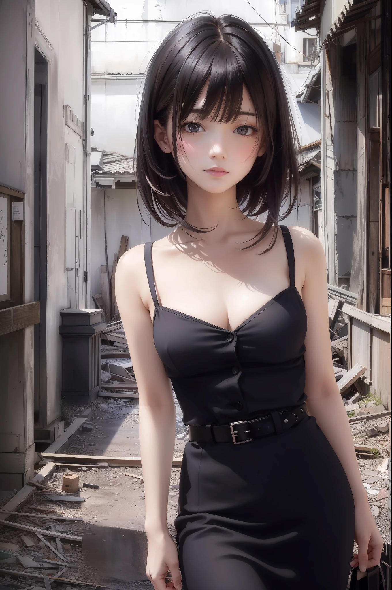(Best Quality, masutepiece:1.1), (Realistic:1.4), 1girl in、anxious expression、Summer Dresses、Background with、Countless crosses in an abandoned Western-style building、Dark colors