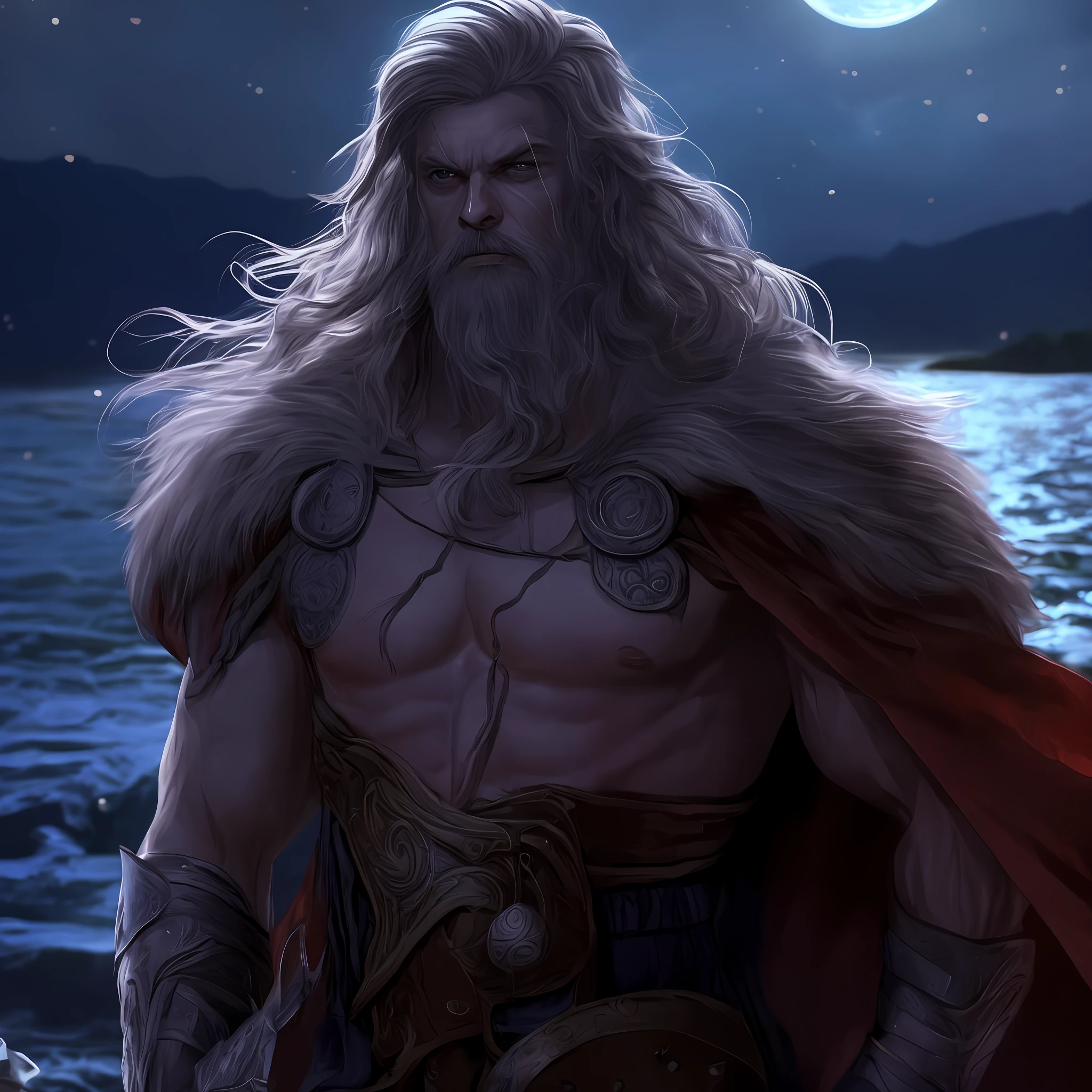 A closeup of a man with a beard and cape standing in front of a body of water, Retrato pintado de Odin acidentado, Norse God, norse warrior, retrato masculino do deus svarog, Epic fantasy art style, Viking Bom, Epic Fantasy Digital Art Style, Arte de fantasia 4k, epic fantasy character art, epic viking king, the god of thunder, Odin, detailed perfect body, night fullmoon lake scene, masterpiece, best quality, ultra realistic, ultra detailed textures and pixels, ultra detailed face, trending on pinterest, high quality, by A-1 Pictures Studio, 8k perfect ultra detailed anime art by professionals artists lw