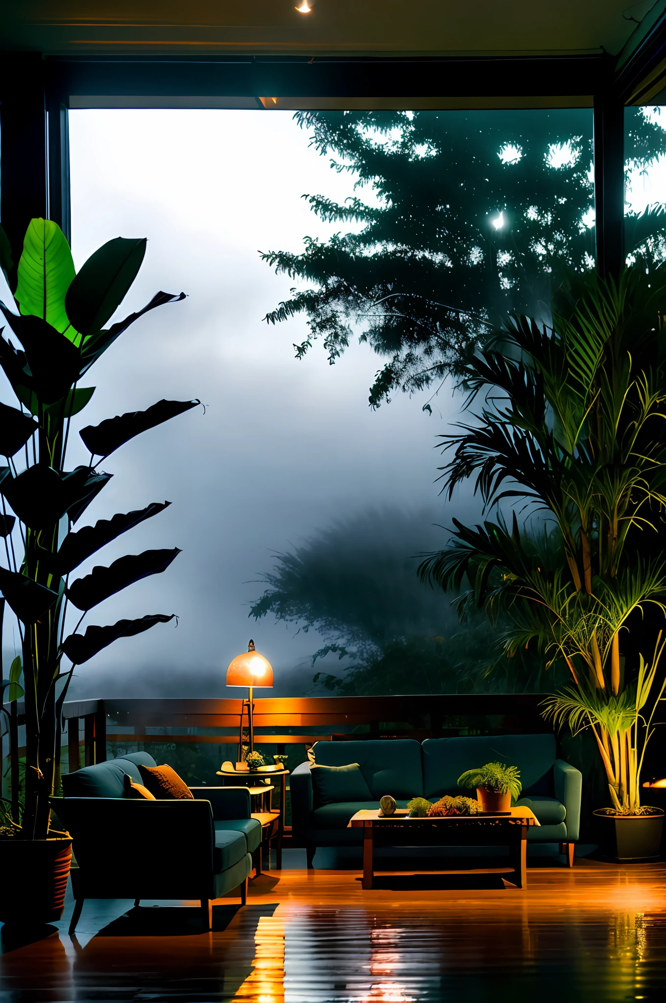 The modern living room of the Middle Ages is dimly lit,There were dark rainy nights outside, (Foggy and rainy nights:1.2), Pacific Northwest, (Dim lighting:1.4), (Moody lighting:1.2), A plant, Large plants, Rainy, Monstera, Many plants, (Foggy windows:1.2), Masterpiece, Best quality, Twilight Hour, (during night:1.4), rainy evening, After sunset,