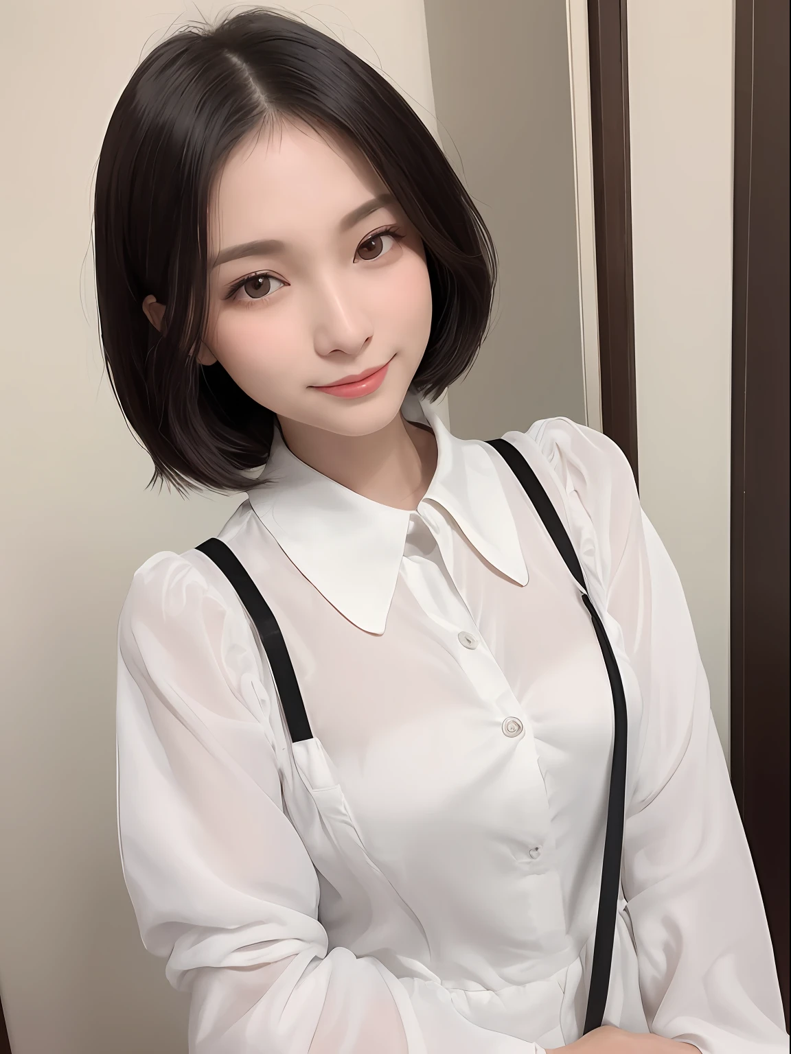 (in 8K, top-quality, a masterpiece of:1.2), (realisitic, Photorealsitic:1.37), ultra-detailliert, small 、Skinny face、Matuk、de pele branca、nurse、Suppin、Narrow slit eyes、Small eyes、Small, Narrow eyes、30-years old,独奏,Nasal blush、A smile、a closed mouth、tiny chest、Delicate body、Black eyes、beatiful detailed eyes、Single eyelid、poneyTail、A dark-haired 、short cut hair、fullllbody、Skinny Legs、Manteau blanc、nurse、see -through、White blouse