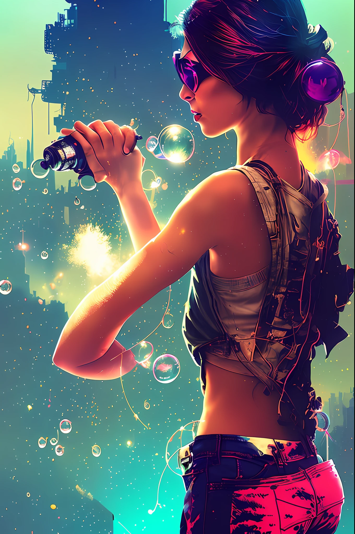 snthwve style nvinkpunk beautiful woman looking to a colorfull wasted city, (hallucinating colorful soap bubbles), by jeremy mann, by sandra chevrier, by dave mckean and richard avedon and maciej kuciara, punk rock, tank girl, high detailed, 4k, RTX
