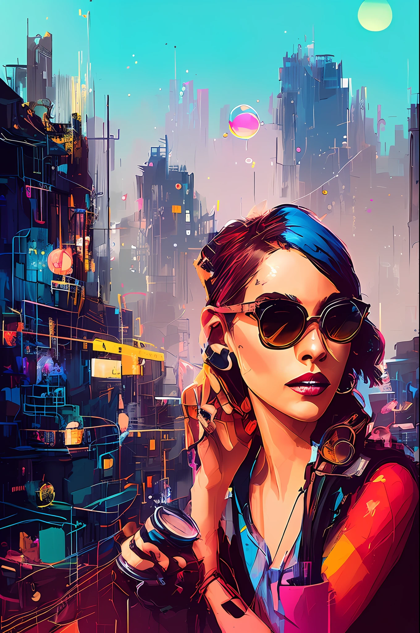 snthwve style nvinkpunk beautiful woman looking to a colorfull wasted city, (hallucinating colorful soap bubbles), by jeremy mann, by sandra chevrier, by dave mckean and richard avedon and maciej kuciara, punk rock, tank girl, high detailed, 4k, RTX