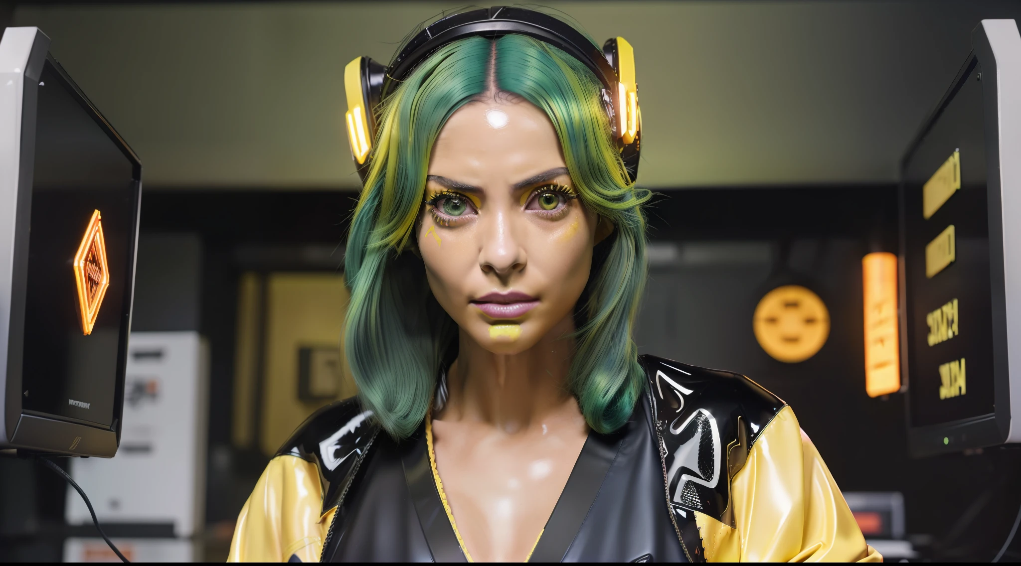 8k, ARTISTIC photography, best quality, masterpiece: 1.2), (realistic, photorealistic: 1.37` Movie still from johnny mnemonic movie directed by (John Carpenter) from 1987, (cyber punk Goddess wearing Vr head for hacking,), ((green hair)) , (hacking console), over-detailed face, (((big open eyes))), beautiful body, toned body, (( dressed as futuristic samurai, Gortex bomber jacket, ǍCROŇYM)). (((latex yellow Kimono))), posing, in dark room wires and computers.