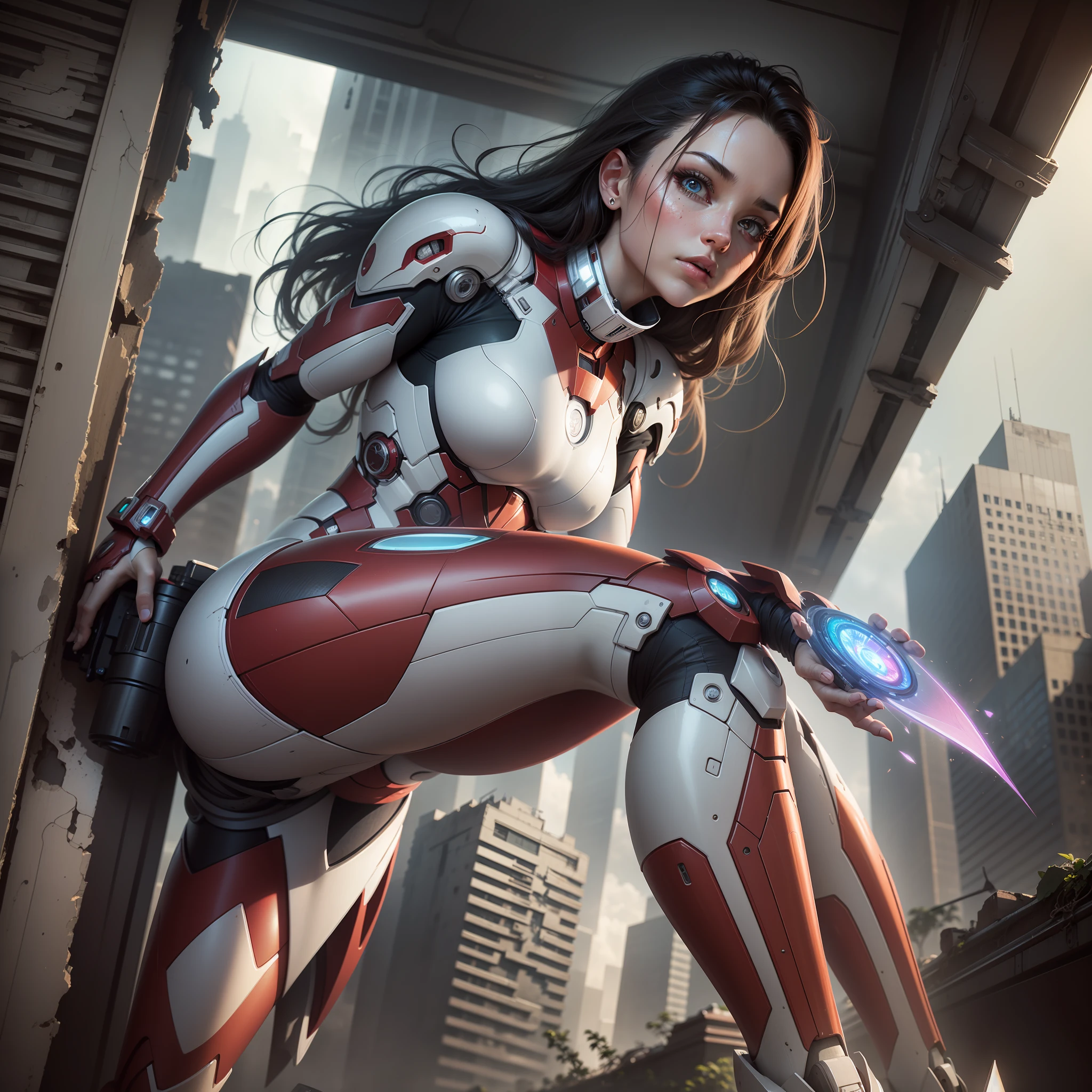 RAW, Masterpiece, Ultra Fine Photo,, Best Quality, Ultra High Resolution, Photorealistic, Sunlight, Full Body Portrait, Stunningly Beautiful,, Dynamic Poses, Delicate Face, Vibrant Eyes, (Side View) , she is wearing a futuristic Iron Man mech, red and gold color scheme, highly detailed abandoned warehouse background, detailed face, detailed and complex busy background, messy, gorgeous, milky white, high detailed skin, realistic skin details, visible pores , sharp focus, volumetric fog, 8k uhd, dslr camera, high quality, film grain, fair skin, photorealism, lomography, sprawling metropolis in futuristic dystopia, view from below, translucent