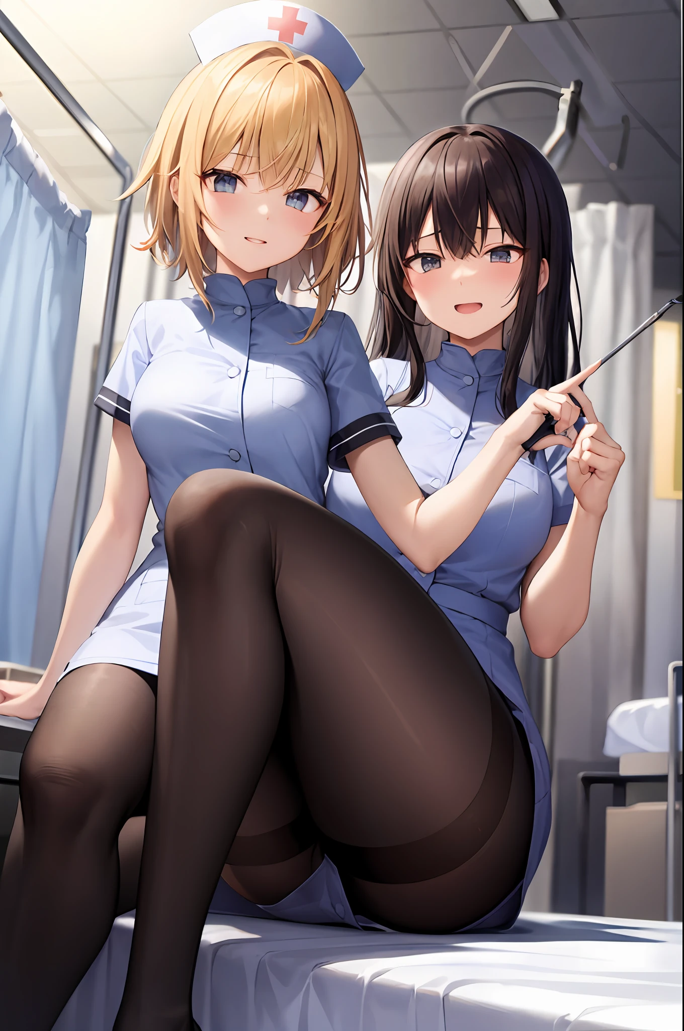 clinic、drapes、1girl in、nurse、nurse's outfit、On a hospital bed、gals、a blond、shorth hair、Black tights、crouching down、opens legs、​masterpiece、top-quality、A highly detailed