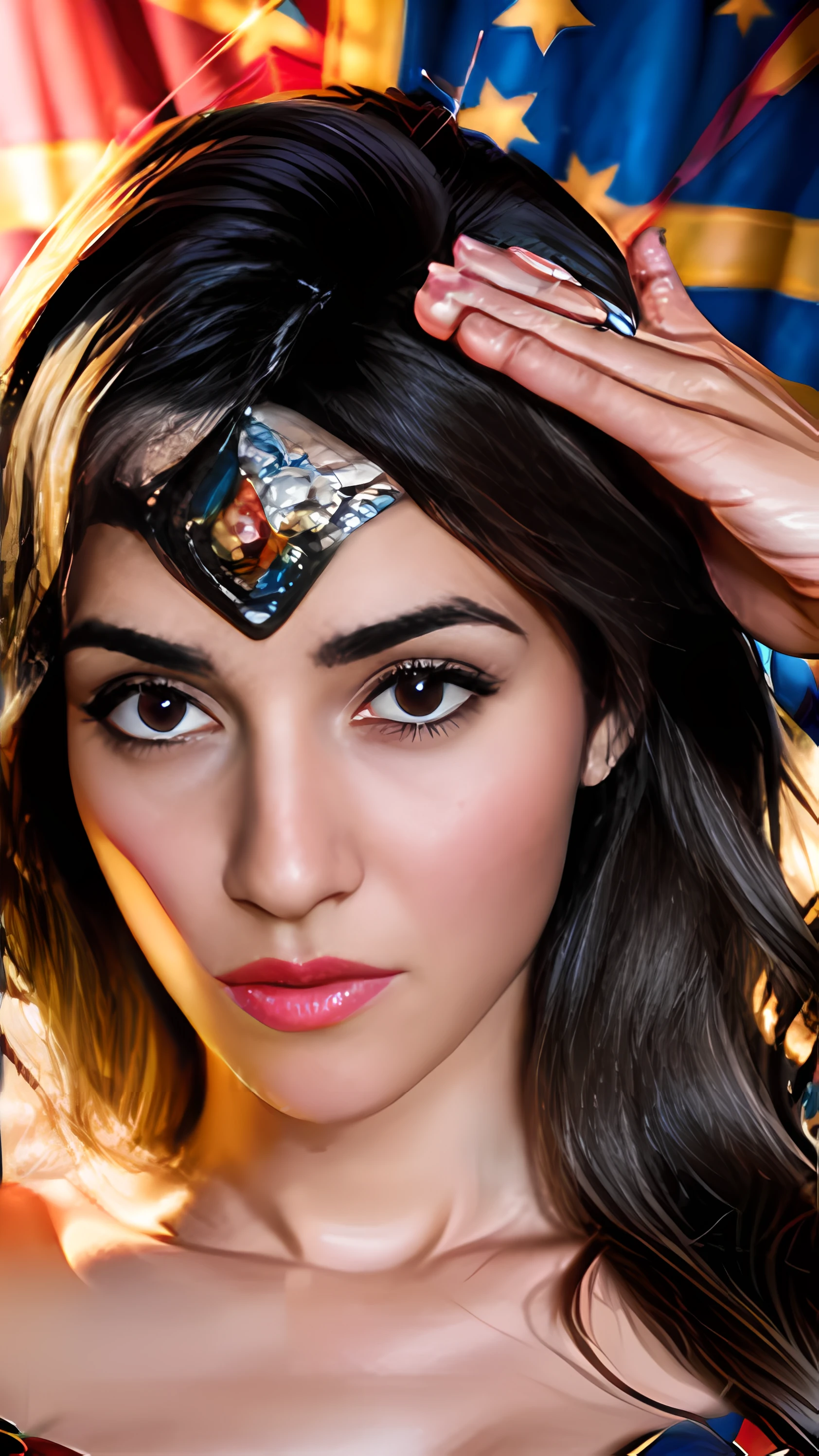 (Hiper realista:1.4), Photographic portrait of wonder woman, olhos redondos coloridos e realistas, dreamy magical atmosphere, super heroine costume, ( grandes:1.3),coloque meu rosto nesta imagem