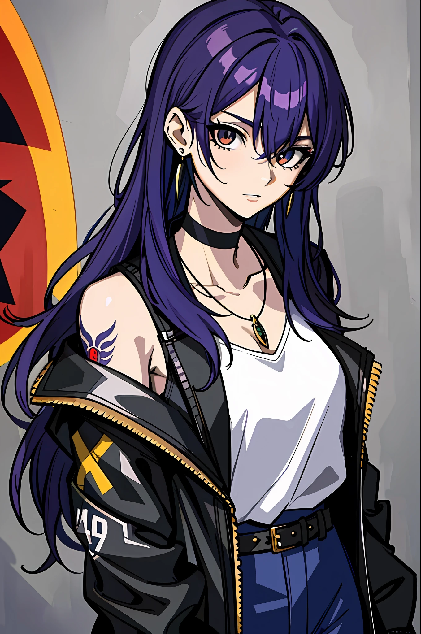 (masterpiece:1.2, best quality), (1lady, solo, upper body:1.2), colored hair, long hair, tattoos, jacket, earrings, choker, necklace, Hanging out in an underground music venue or street art exhibit
