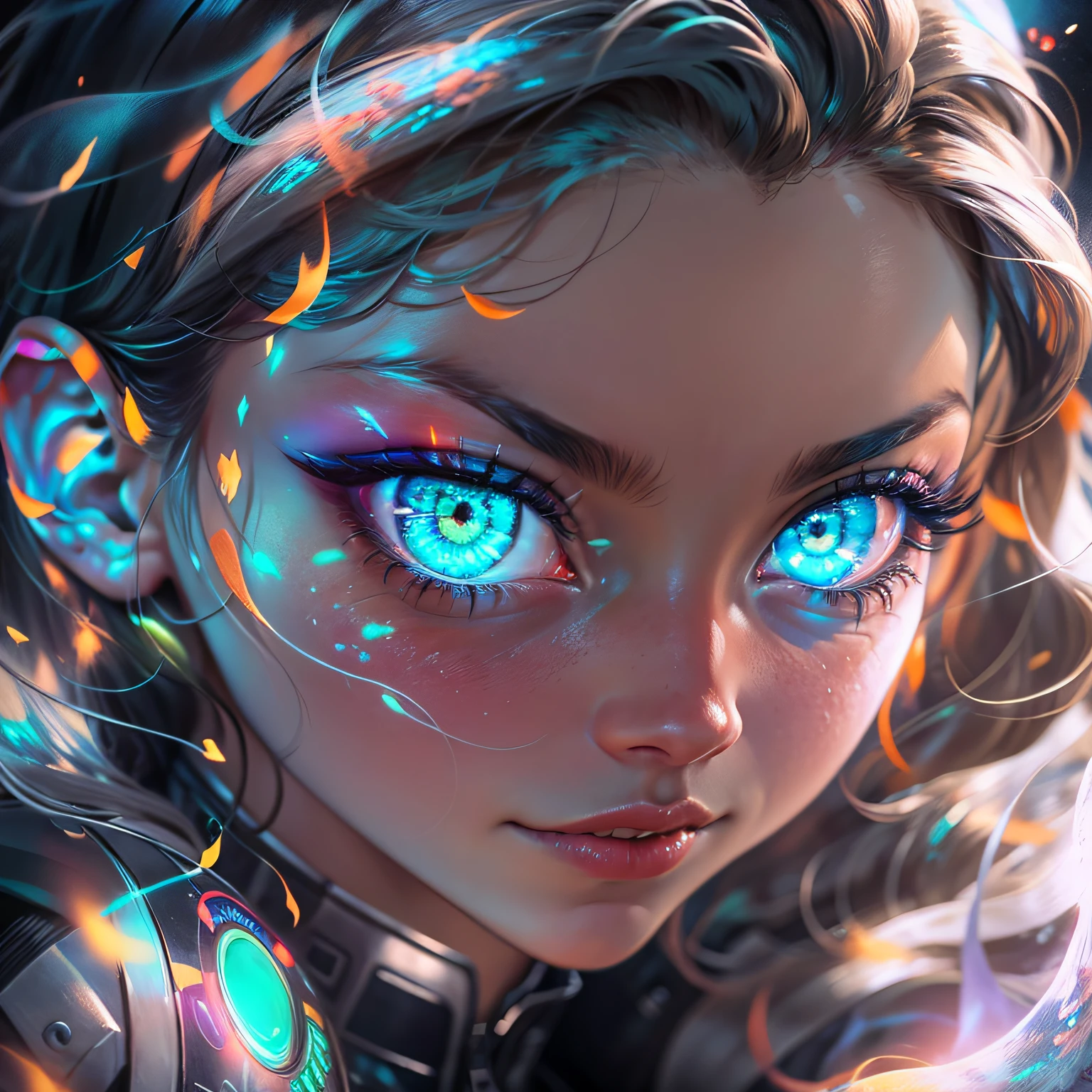Beautiful woman, olhos perfeitos, cores azuis cintilantes, poderes extremos saindo dos olhos, energia, vapor, brilho intenso, energia, olhos flamejantes, neon light, Imagem rica em detalhes