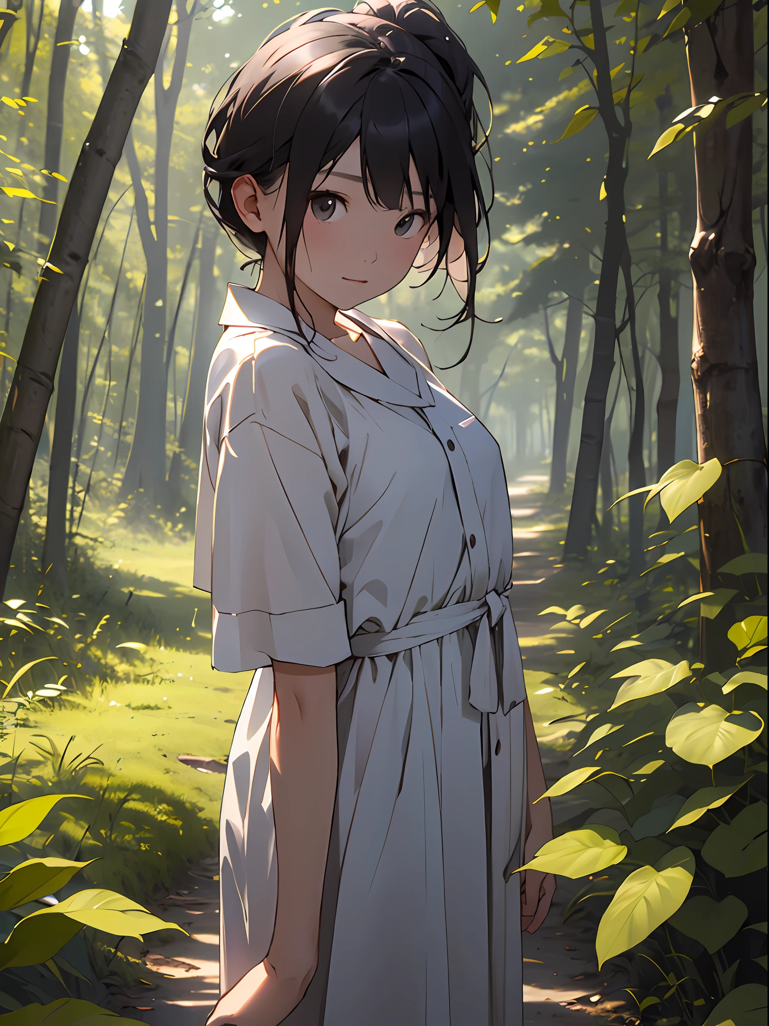 realisitic、Girl in the forest and sunshine, shorth hair, Nice hairstyle, Nice clothes、Looking at the camera