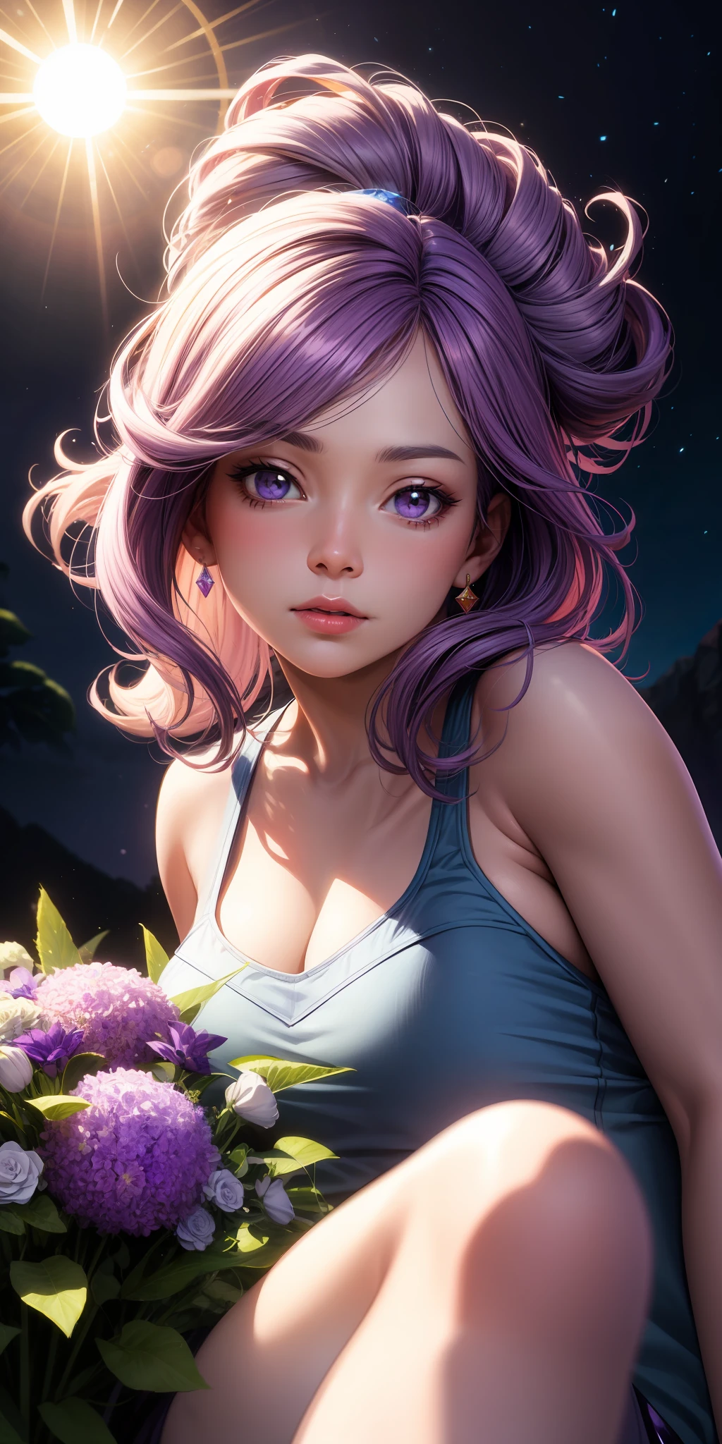 realistic, Amethyst from the cartoon Steven Universe, Chubby, voluminous hair, light violet skin, light purple skin, blush, night, flowers, sun, sunlight,