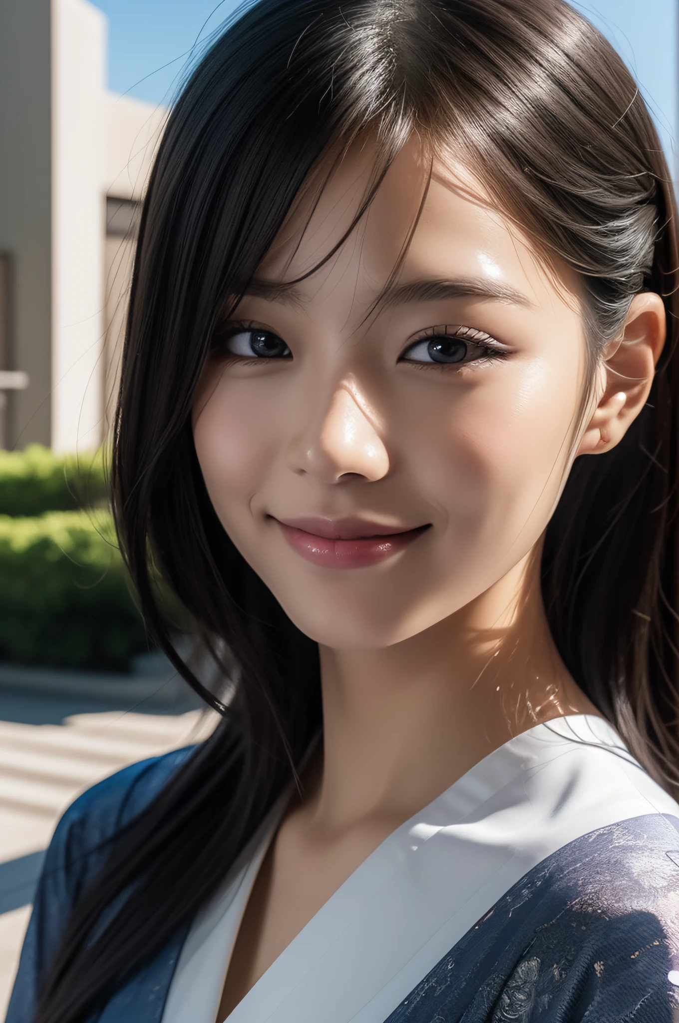 Close up photo of a girl、shorth hair、(Wearing a silk kimono with a Japanese pattern)、The background is the roof of a building、top-quality、realisitic、Photorealsitic、(intricate detailes:1.2)、(delicate detail)、(ciinematic light、best quality backlight)、Clear Line、foco nítido、Lifelike face、Detailed faces Unity 8K wallpapers、超A high resolution、(Photorealsitic:1.4)、A smile、background is waterfall