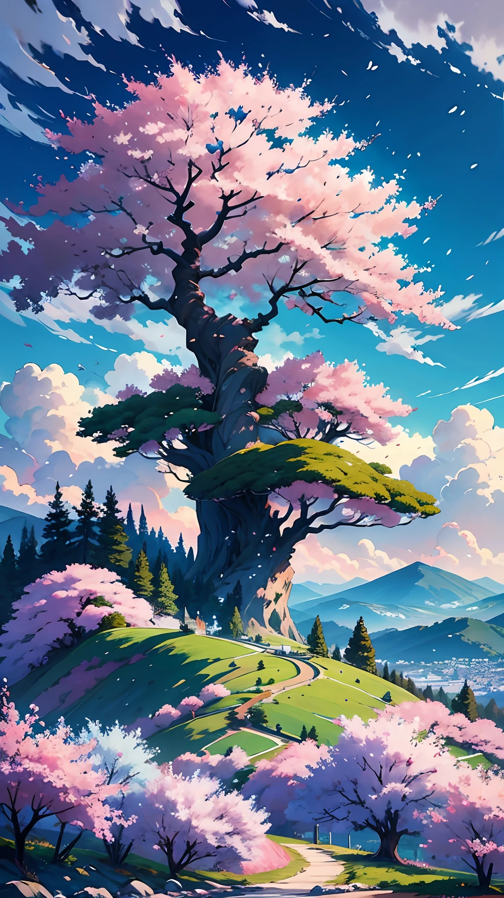 "sky landscape, ao ar livre, nuvens, lone tree, rochas imponentes, dia ensolarado, Deep blue sky, cherry blossoms in full bloom, grama suave, Steep hill, ao longe uma cadeia de montanhas, All elements combined in one scenic masterpiece"