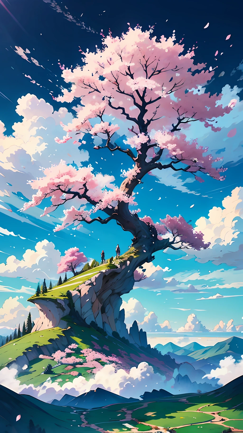 "sky landscape, ao ar livre, nuvens, lone tree, rochas imponentes, dia ensolarado, Deep blue sky, cherry blossoms in full bloom, grama suave, Steep hill, ao longe uma cadeia de montanhas, All elements combined in one scenic masterpiece"