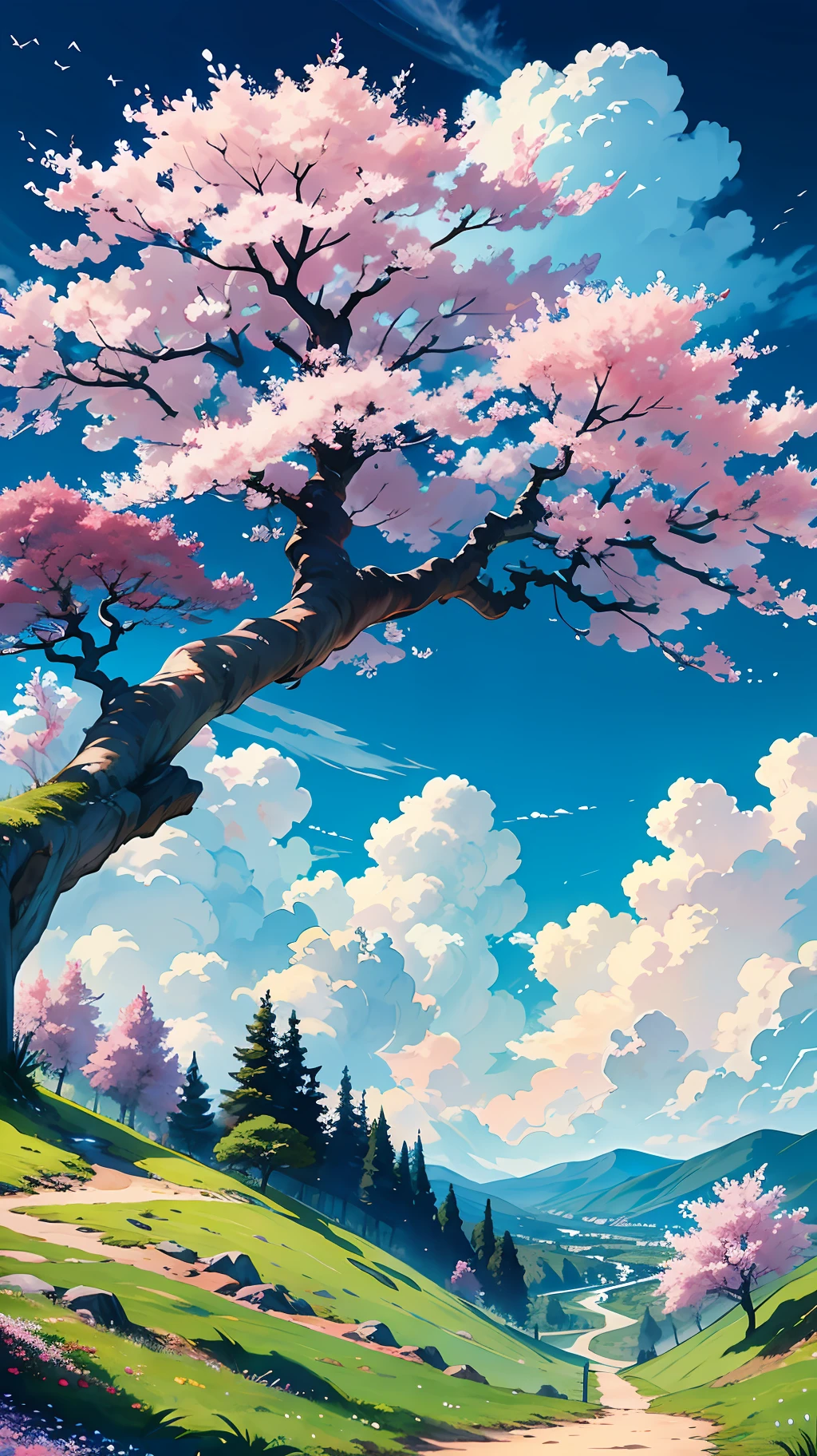 "sky landscape, ao ar livre, nuvens, lone tree, rochas imponentes, dia ensolarado, Deep blue sky, cherry blossoms in full bloom, grama suave, Steep hill, ao longe uma cadeia de montanhas, All elements combined in one scenic masterpiece"