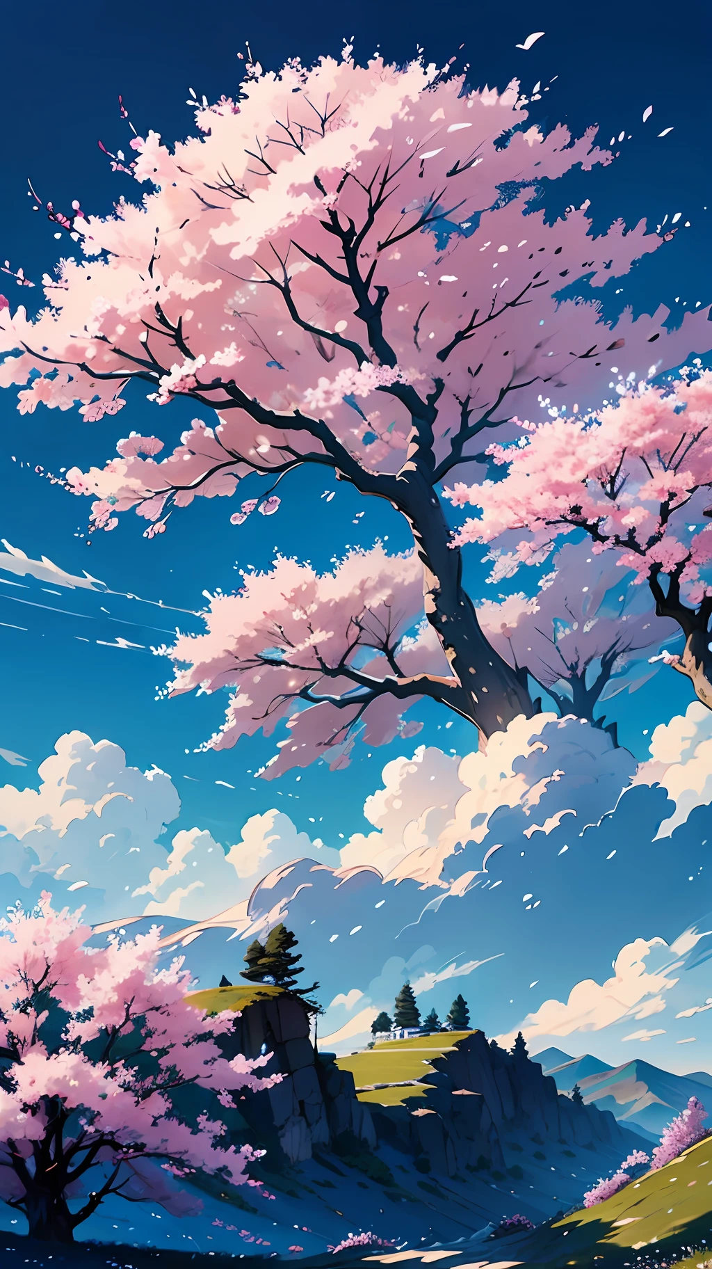 "sky landscape, ao ar livre, nuvens, lone tree, rochas imponentes, dia ensolarado, Deep blue sky, cherry blossoms in full bloom, grama suave, Steep hill, ao longe uma cadeia de montanhas, All elements combined in one scenic masterpiece"