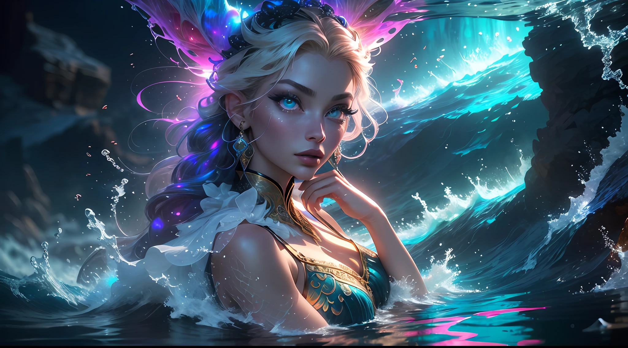 Generate an enthralling mythological (petite) siren sitting partially atop a mound of iridescent rocks. She sits in the midst of a dynamic and compelling tempest sea with shimmering, roiling water in varying shades of blue and teal foaming above and around her. ((Her incredibly unconventional face is extremely detailed with puffy lips and stunning eyes, and she is staring intently at something.)) Her eyes are the most important part of the face, and they are extremely realistic with hires detailing, beautiful detailing, and multiple colors. Include hires eyes, beautiful detail eyes, beautiful detailed eyes, 8k eyes, bright eyes, detailed eyes, perfect eyes, and colorful eyes. Her eyes should be very clearly defined, with distinct iris and pupil. This is an extremely detailed and visually interesting image with an intricate fantasy background. The siren's hair billows in the wind as the water crashes around her. Include many mythological details and high fantasy elements. (The siren has a highly detailed mermaid tale shimmering beneath the water.) She is singing alluringly, tempting all who view the artwork towards unwitting doom. It is a symphony that weaves a hypnotic spell, where passion and danger intermingle in an intoxicating embrace. Utilize dynamic composition to craft the perfect artwork of breathtaking adventure and romance. Camera: utilize dynamic composition to enhance fantasy elements. (masterpiece:1.1), (best quality:1.1), (anatomically correct:1.1), (perfect arms:1.1), ((detailed face:1.3)), (detailed skin), (perfect eyes), (perfect nose), (realistic), octane render, sharp focus, (8k), (4k), (Masterpiece), (Best Quality), ((huge lips:1.3)), ((ornate))