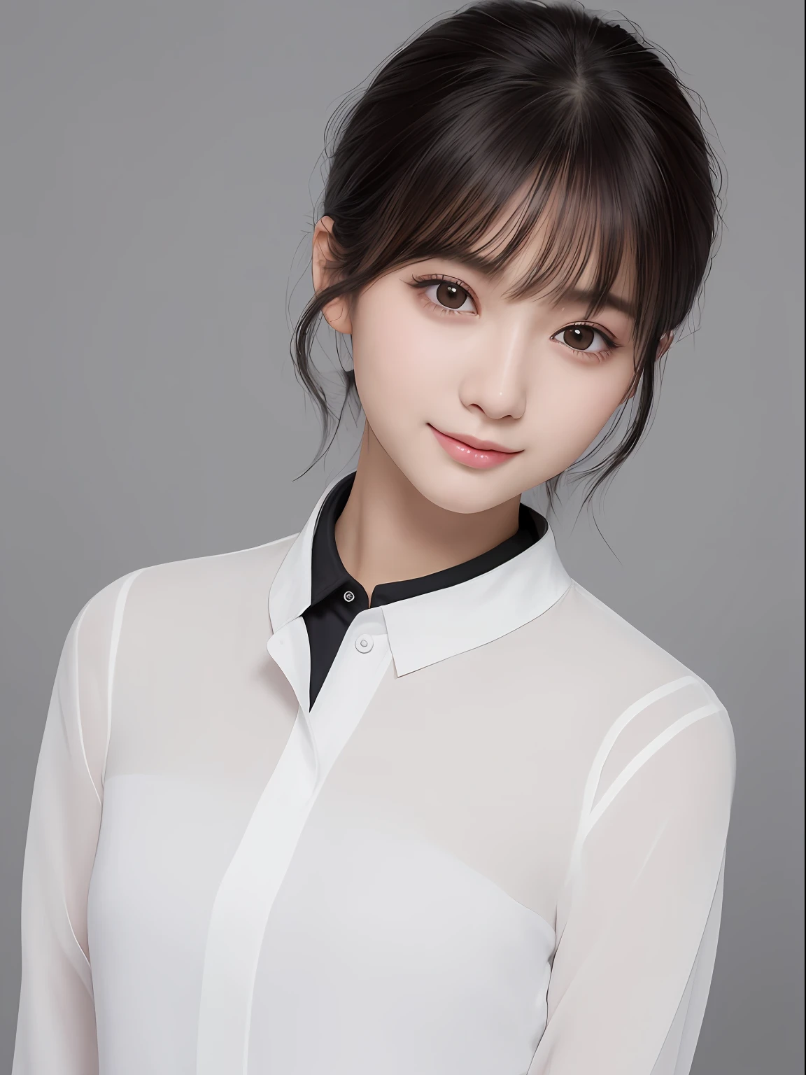 (in 8K, top-quality, a masterpiece of:1.2), (realisitic, Photorealsitic:1.37), ultra-detailliert, small tits、Skinny face、Mature look、de pele branca、nurse、Suppin、Narrow slit eyes、Small eyes、Small, Narrow eyes、30-years old,独奏,Nasal blush、A smile、a closed mouth、tiny chest、Delicate body、Black eyes、beatiful detailed eyes、Single eyelid、poneyTail、A dark-haired 、short cut hair、fullllbody、Skinny Legs、Manteau blanc、nurse、see -through、White blouse