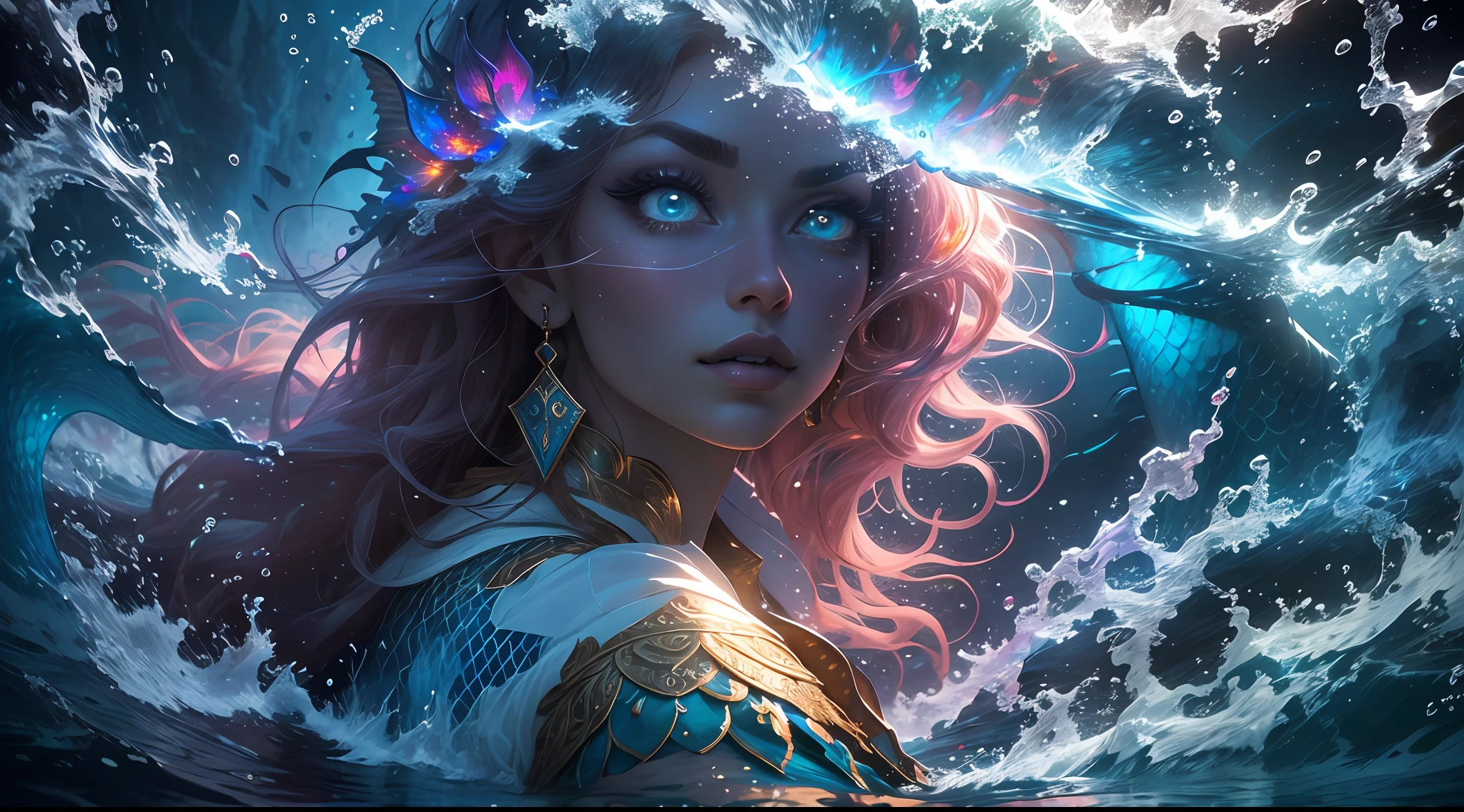 Generate an enthralling mythological (petite) siren sitting partially atop a mound of iridescent rocks. She sits in the midst of a dynamic and compelling tempest sea with shimmering, roiling water in varying shades of blue and teal foaming above and around her. ((Her incredibly unconventional face is extremely detailed with puffy lips and stunning eyes, and she is staring intently at something.)) Her eyes are the most important part of the face, and they are extremely realistic with hires detailing, beautiful detailing, and multiple colors. Include hires eyes, beautiful detail eyes, beautiful detailed eyes, 8k eyes, bright eyes, detailed eyes, perfect eyes, and colorful eyes. Her eyes should be very clearly defined, with distinct iris and pupil. This is an extremely detailed and visually interesting image with an intricate fantasy background. The siren's hair billows in the wind as the water crashes around her. Include many mythological details and high fantasy elements. (The siren has a highly detailed mermaid tale shimmering beneath the water.) She is singing alluringly, tempting all who view the artwork towards unwitting doom. It is a symphony that weaves a hypnotic spell, where passion and danger intermingle in an intoxicating embrace. Utilize dynamic composition to craft the perfect artwork of breathtaking adventure and romance. Camera: utilize dynamic composition to enhance fantasy elements. (masterpiece:1.1), (best quality:1.1), (anatomically correct:1.1), (perfect arms:1.1), ((detailed face:1.3)), (detailed skin), (perfect eyes), (perfect nose), (realistic), octane render, sharp focus, (8k), (4k), (Masterpiece), (Best Quality), ((huge lips:1.3)), ((ornate))
