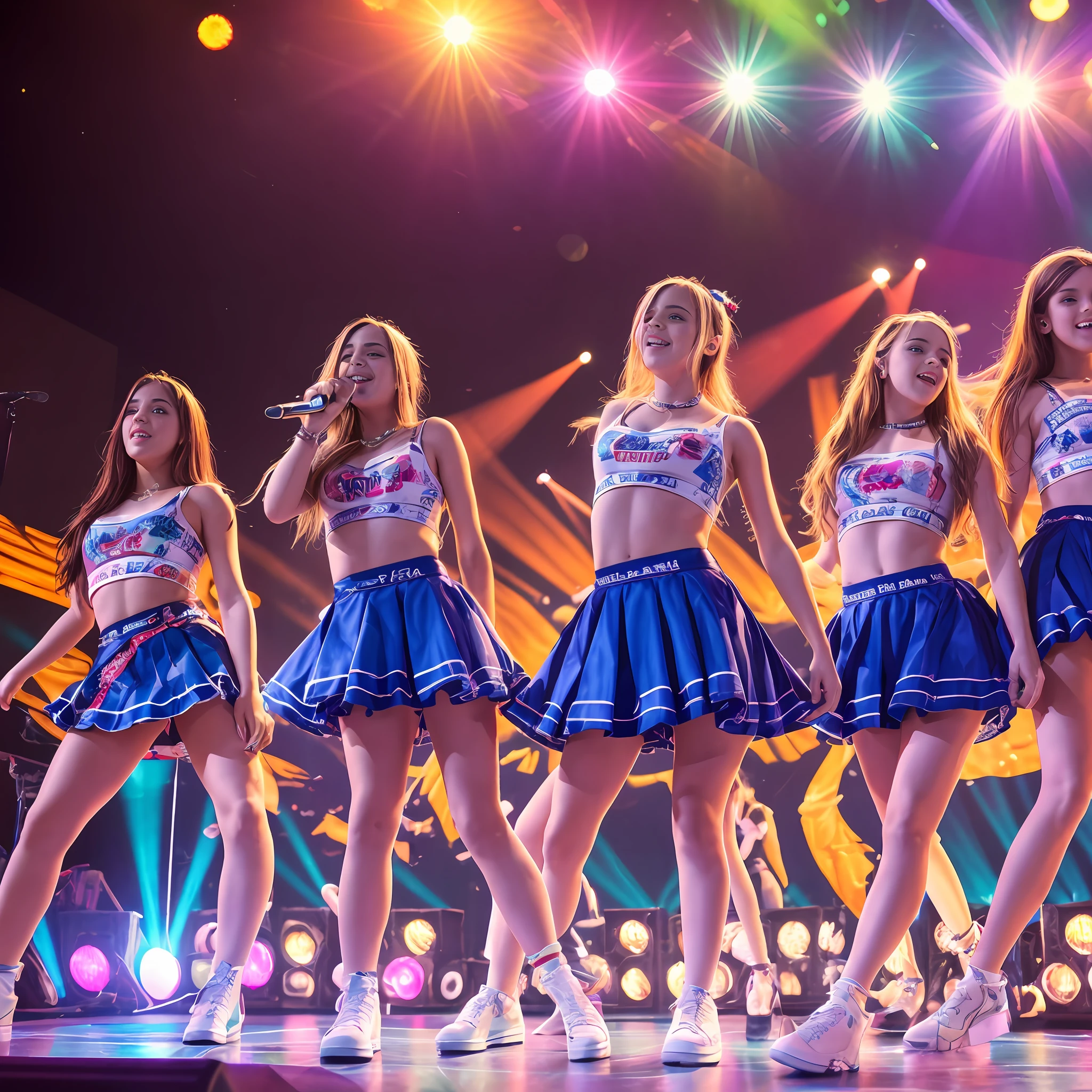 4 meninas adolescentes , are on a stage, usando uniforme escolar , coxas grossas , em um palco , are dancing, upskirt, saia azul, blusa branca, vista de baixo do palco, down view, foto HQ, 35mm film feel