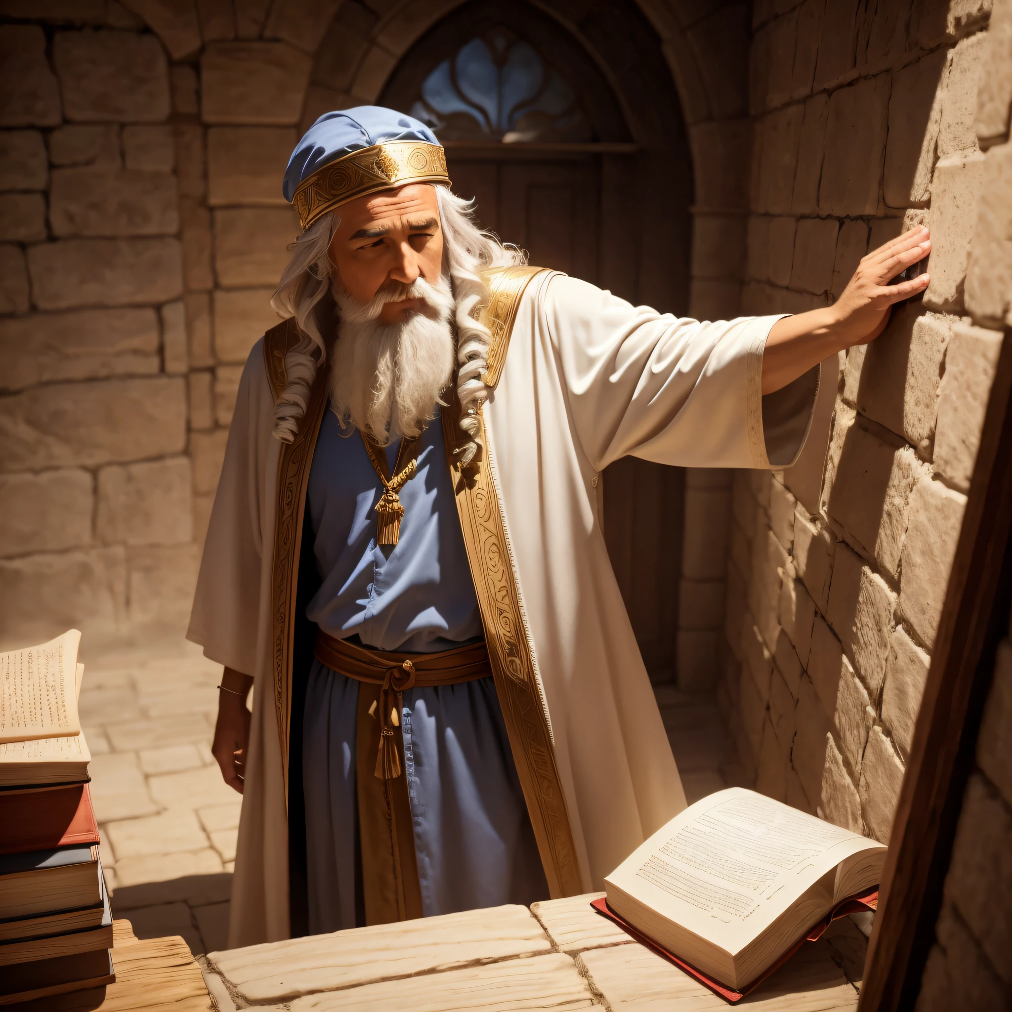 Man in bathrobe robe on his head next to a wall with a book, wizard reading a directory, picture of a male cleric, biblical clothing, Wise old man, holy man looking down at the ground, wizard casting a spell, wizard doing a tarot reading, assistente pensativo examinando ovos, assistente senta-se lendo em uma mesa, vestido com terno antigo