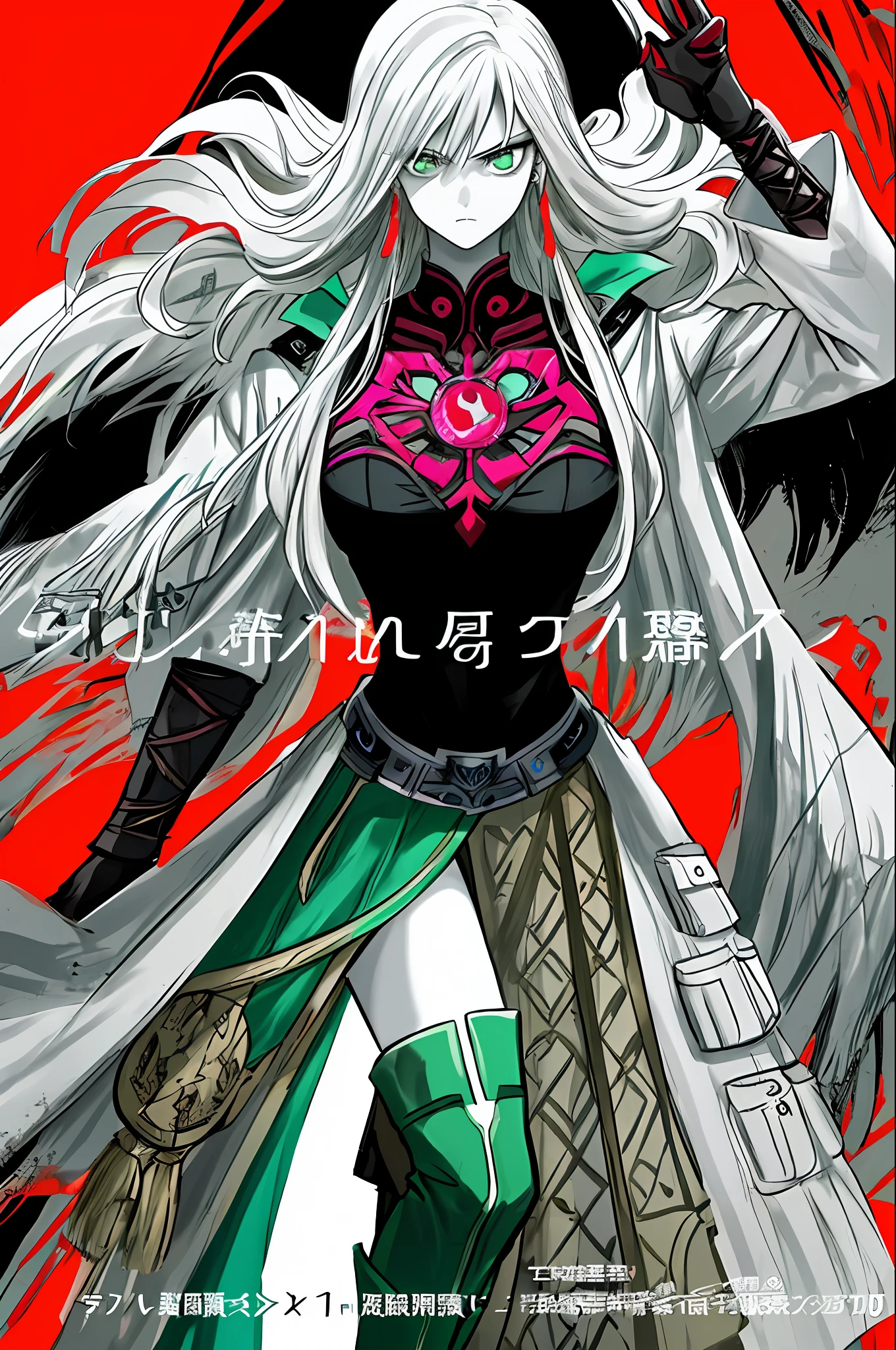 ((((dramatics))),(((grittiness))),(((furious)))A movie poster with a young woman as the central character。She stands confidently in the center of the poster,Wear fashion-forward attire,with a determined expression on her face。The background is dark and tough,There is a sense of danger and intensity。The text is bold and eye-catching,With catchy slogans,Adds to the overall feeling of drama and excitement。The color palette is predominantly dark,With the color of blood,Give the poster a dynamic and visually striking look,tachi-e (Magazines:1.3),(Cover style:1.3),Fashionab,woman,with dynamism,garments,posing on a,frontage,rich colourful,dyna,Background with,element in,self-assured,Expressing the,halter,statement,Accessories,A majestic,coil,Runt,Touching pubic area,Scenes,text,Cover of a,Bold,attention-grabbing,titles,Fashionab,typeface,Catchy,titles,more big,attention-grabbing, modern day, Fashionab, focal, Fashionab,(((A pink-haired,Emerald green eyes,long whitr hair,White-colored skin)))