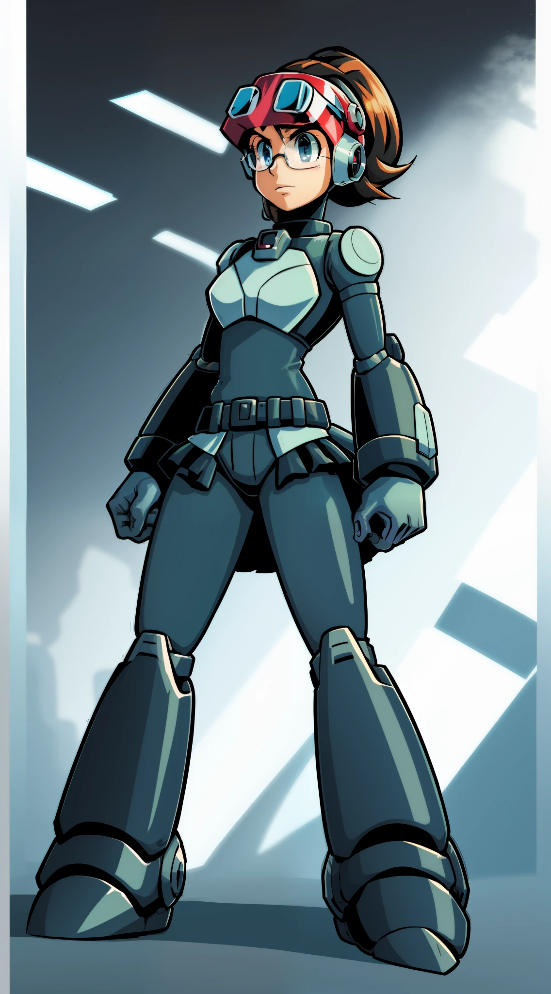 1Girl, Heavily armored, cybernetic heavy glasses/cyber visor covering eyes, gloves, skirt, heavy cybernetic boots, heavy cybernetic arms, heavy cybernetic torso, waist belt, Visor Glasses, megamanX heavy armor, long black pony tail, aviator goggles on forehead