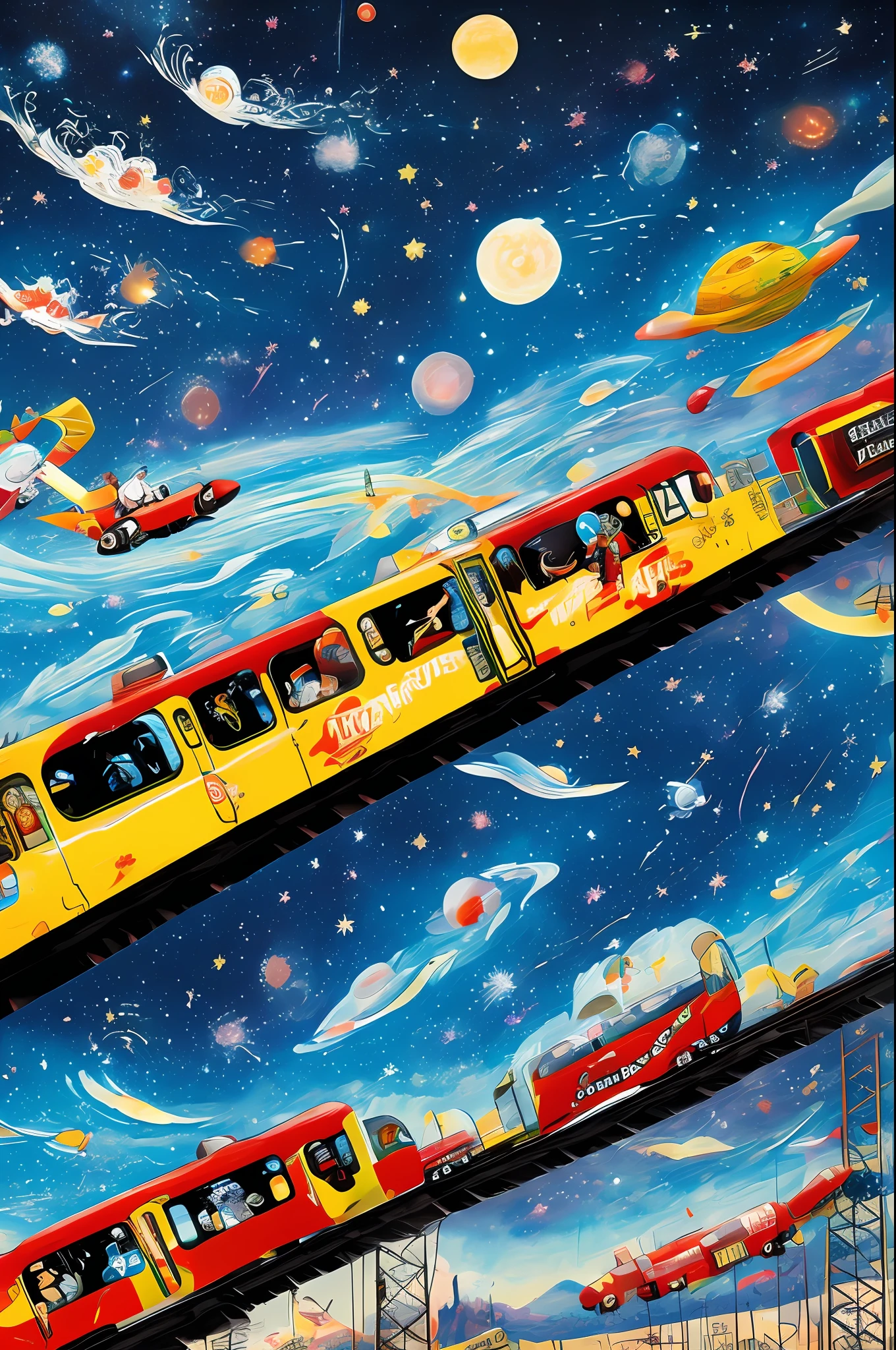 The subway flies into space，A starry sky，future-tech，Cartoon 3D，Create brilliance together，small detailed，（tmasterpiece），Celebrate，