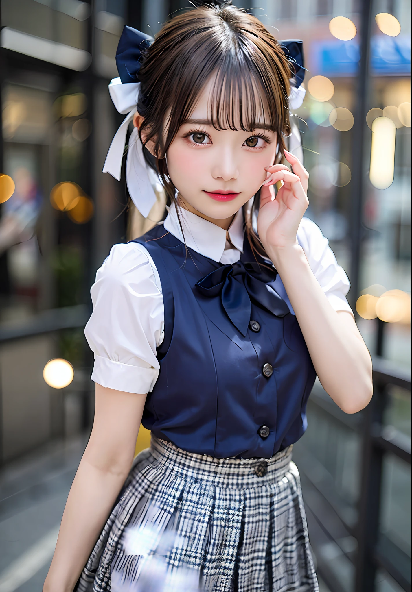 vests、masterpiece、An ultra-high picture quality、realisitic、girl、(Beauty Face 1.4 Otome)、(mediummilk、Constriction waist)、Bokeh、micron、glowy skin、headw、A sexy、校服、pupils、bow ribbon、skirt by the