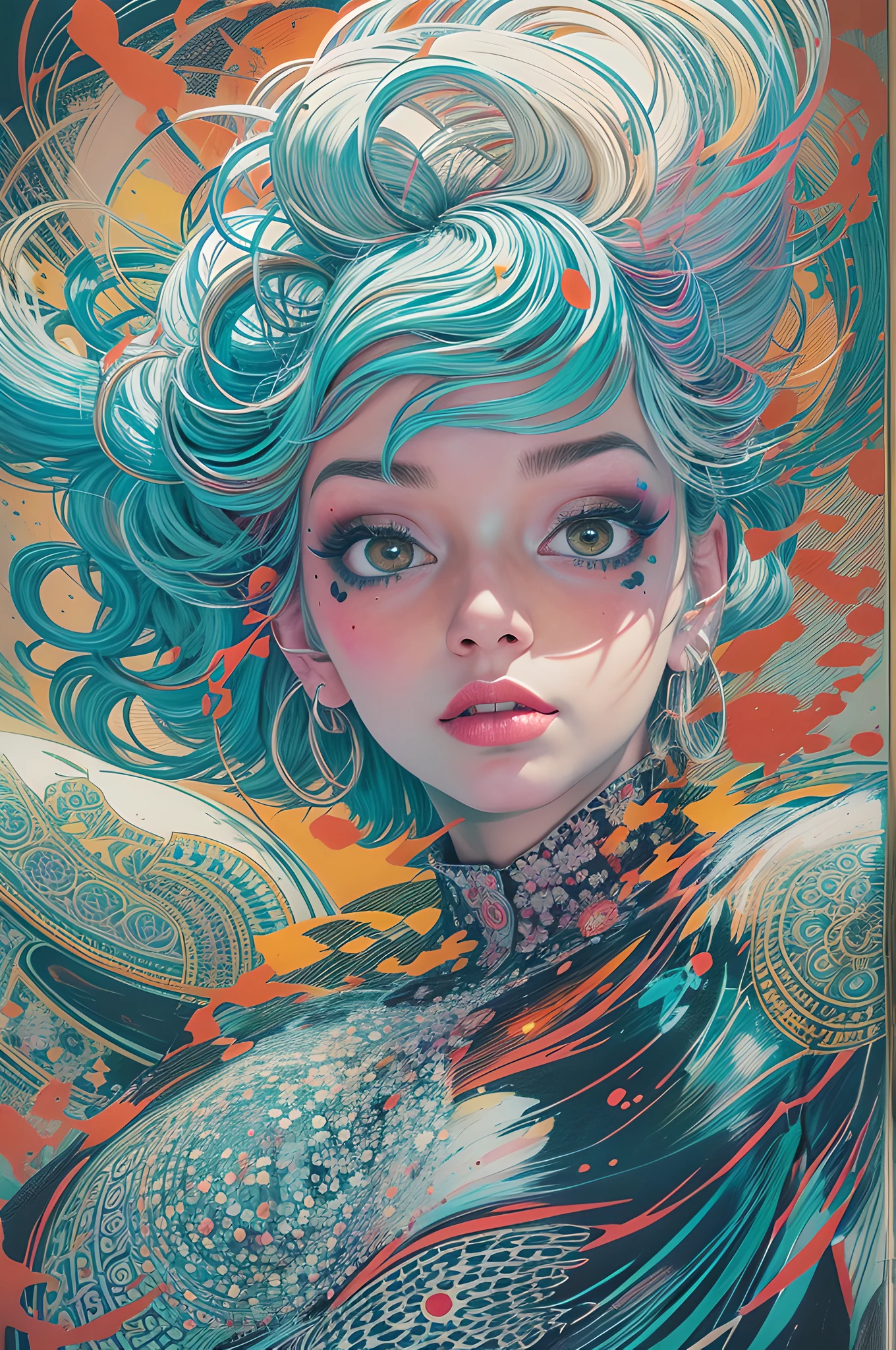 a woman with blue hair wearing a colorful outfit and a colorful background with paint splatters on it, by Hirohiko Araki,official art, unity 8k wallpaper, ultra detailed, beautiful and aesthetic, masterpiece, best quality, (zentangle, mandala, tangle, entangle), 1girl, extremely detailed, dynamic angle, cowboyshot, the most beautiful form of chaos, elegant, a brutalist designed, vivid colours, romanticism, by james jean, roby dwi antono, ross tran, francis bacon, michal mraz, adrian ghenie, petra cortright, gerhard richter, takato yamamoto, ashley wood, atmospheric, ecstasy of musical notes, streaming musical notes visible