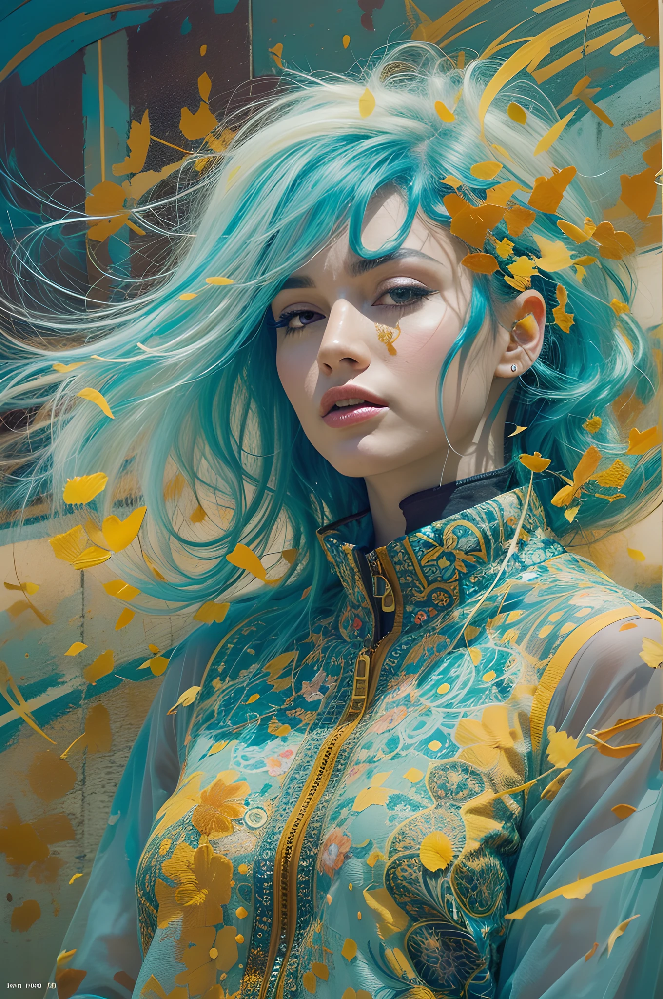 a woman with blue hair wearing a colorful outfit and a colorful background with paint splatters on it, by Hirohiko Araki,official art, unity 8k wallpaper, ultra detailed, beautiful and aesthetic, masterpiece, best quality, (zentangle, mandala, tangle, entangle), 1girl, extremely detailed, dynamic angle, cowboyshot, the most beautiful form of chaos, elegant, a brutalist designed, vivid colours, romanticism, by james jean, roby dwi antono, ross tran, francis bacon, michal mraz, adrian ghenie, petra cortright, gerhard richter, takato yamamoto, ashley wood, atmospheric, ecstasy of musical notes, streaming musical notes visible