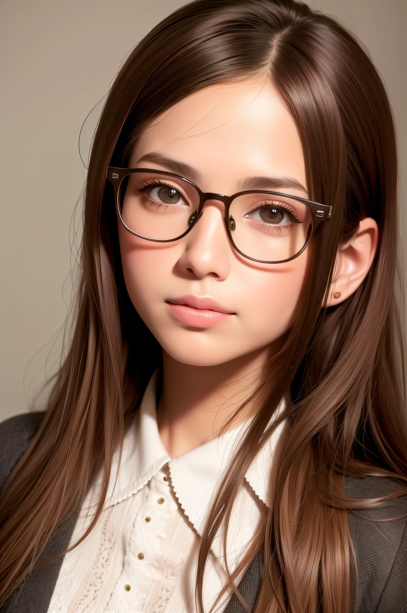 best quality, masterpiece, (realistic:1.2), 1 girl, brown hair, brown eyes, Front, detailed face, beautiful eyes, Happy , woman, wearing glasses portrait, white background