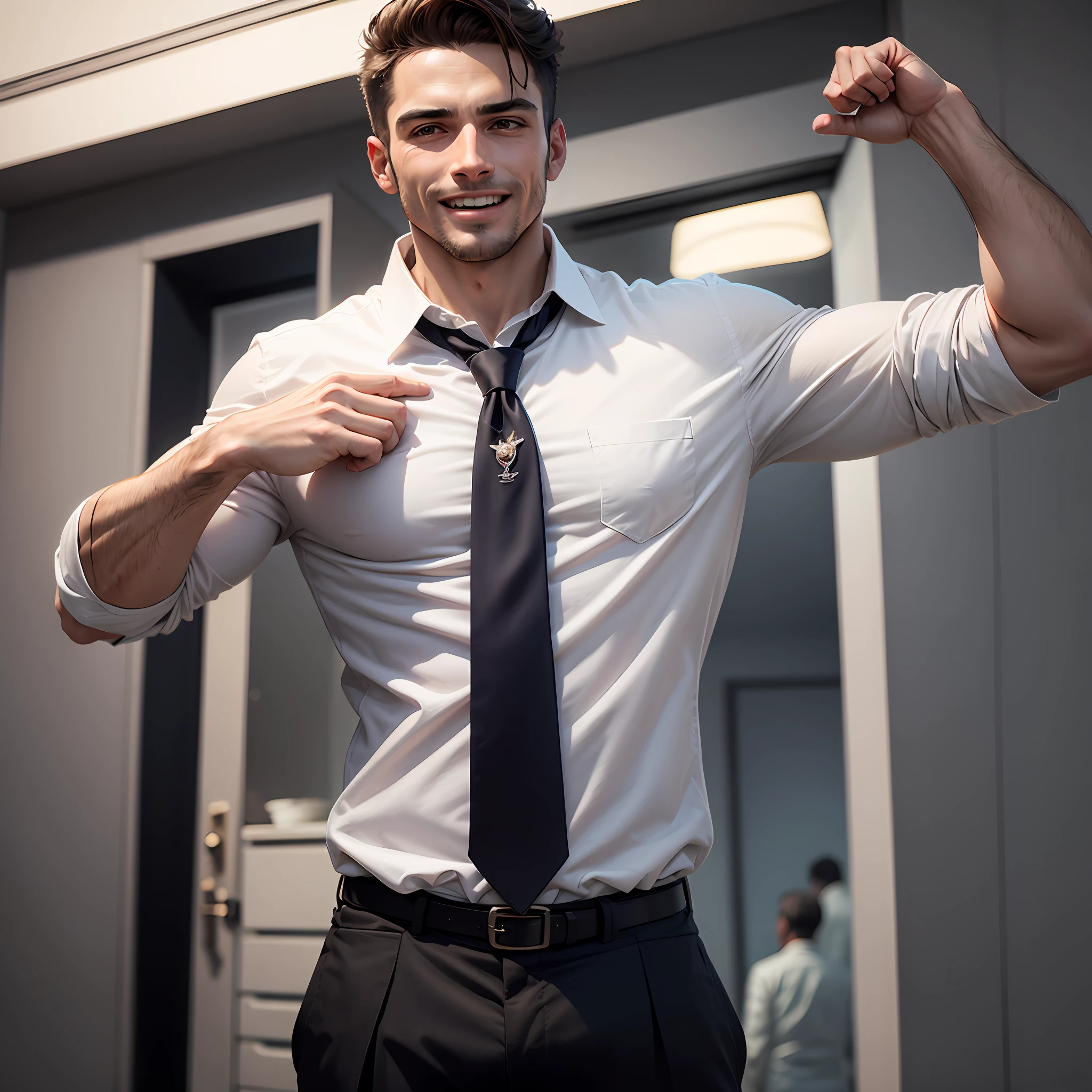 Um homem alto, uma cartola, vestindo um terno e luvas protas, one hand in his pocket and the other in his tie, um sorriso macabro, olhar tenobroso, tem uma mancha de sangue no lado direito do rosto --auto