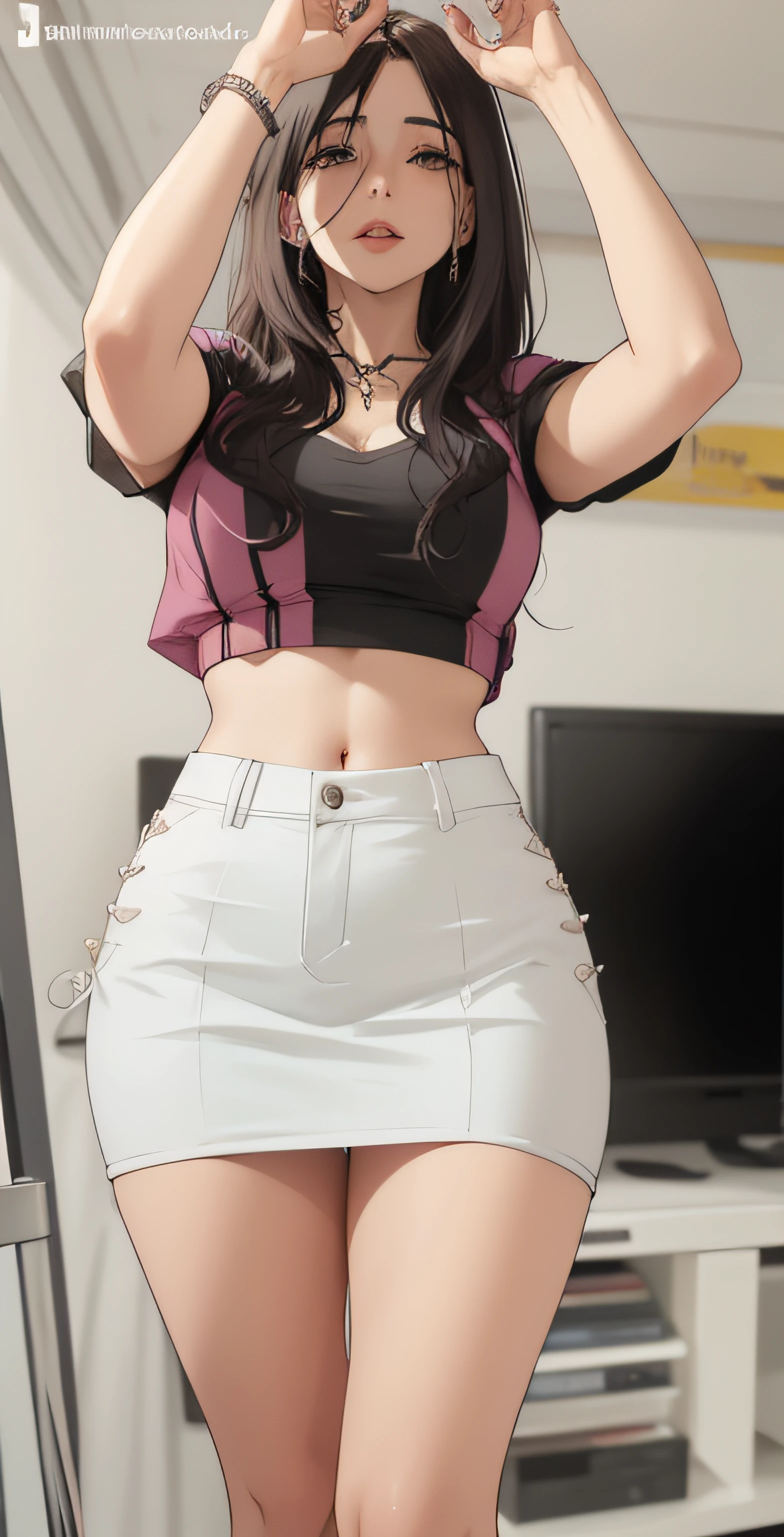 Un primer plano de una persona con una falda y una camisa, cintura diminuta, Traje ajustado, her belly button is exposed, Outfit muy sexy, look sexy, tinyest midriff ever, Thicc, Traje sexy, Llevar crop top y minifalda, Llevar un sexy top recortado, con camiseta sin mangas y falda, Hermoso midriff, cintura - disparo