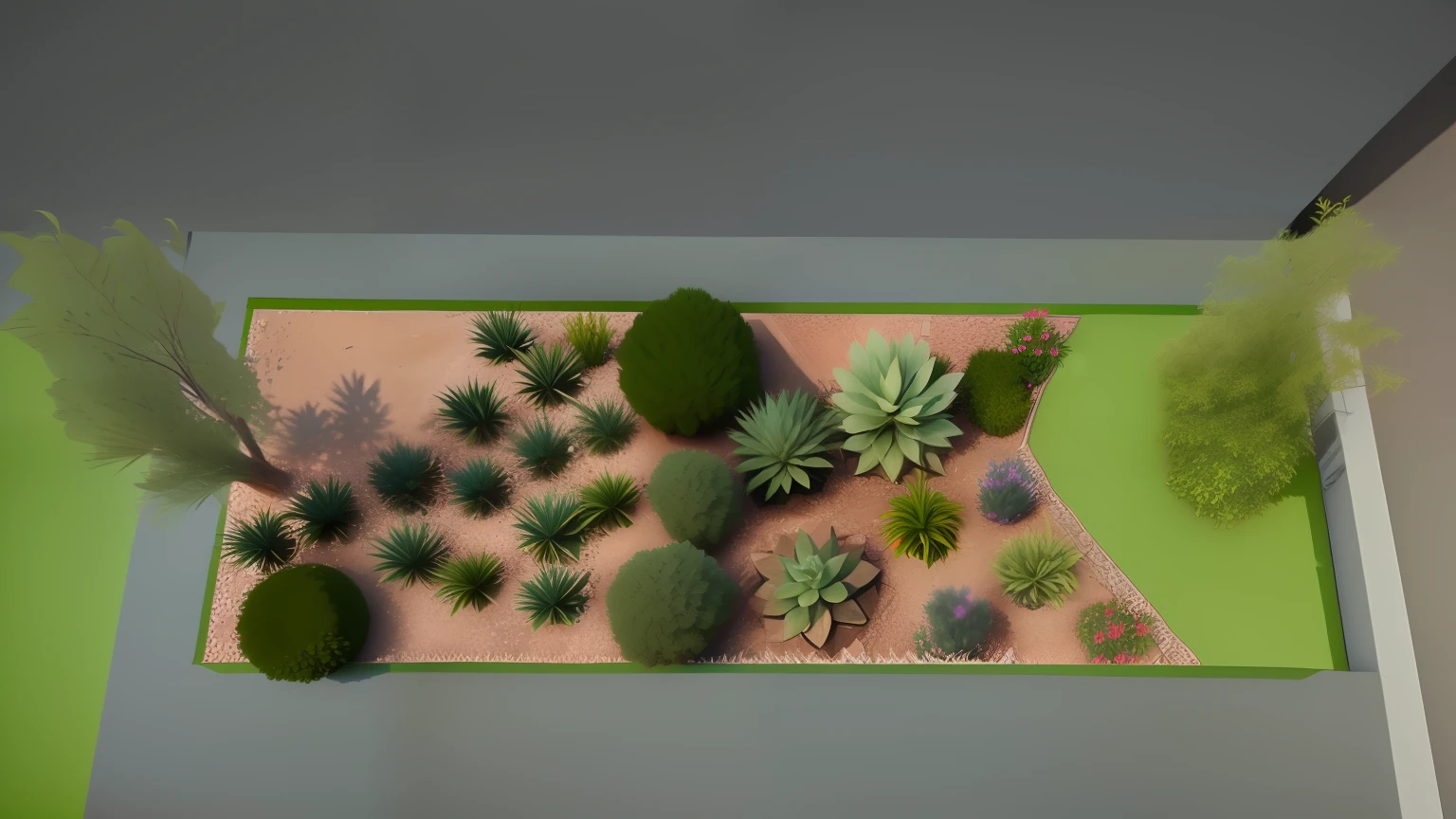vista para um jardim com uma variedade de plantas e rochas, fechar o tiro de estabelecimento, tiro largo, 3D-rendering, 3D rendering, 3d renderizado, 3 d renderizado, Detailed rendering, pre-rendered, 3 d finalrender, 3d final render, jardim realista, Modelo renderizado 3D, detailed 3d render, detailed 3d render