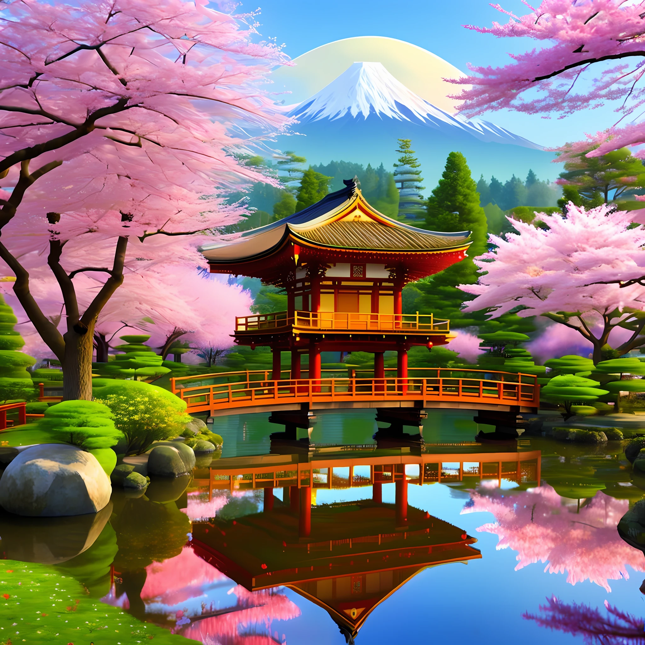 (digital painting),(best quality), serene Japanese garden, cherry blossoms in full bloom, koi pond, footbridge, pagoda, Ukiyo-e art style, Hokusai inspiration, Deviant Art popular, 8k ultra-realistic, pastel color scheme, soft lighting, golden hour, tranquil atmosphere, landscape orientation