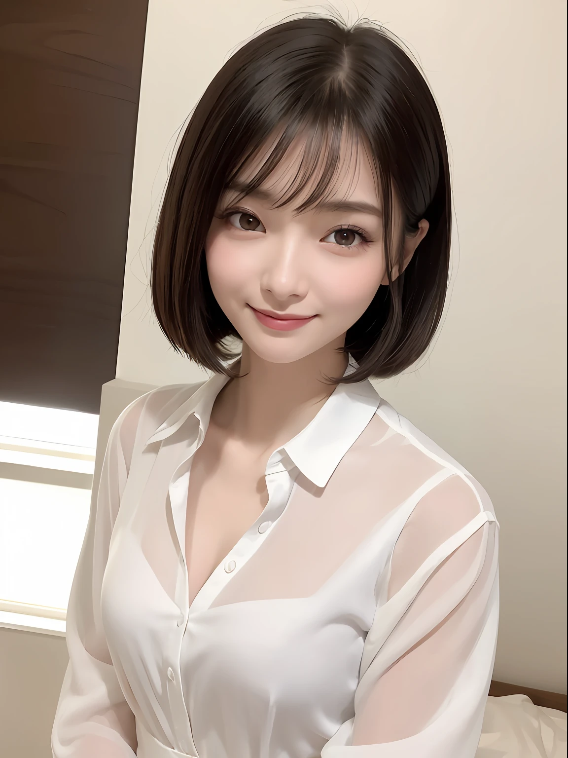 (in 8K, top-quality, a masterpiece of:1.2), (realisitic, Photorealsitic:1.37), ultra-detailliert, small tits、Skinny face、Mature look、de pele branca、nurse、Suppin、Narrow slit eyes、Small eyes、Small, Narrow eyes、30-years old,独奏,Nasal blush、A smile、a closed mouth、tiny chest、Delicate body、Black eyes、beatiful detailed eyes、Single eyelid、poneyTail、A dark-haired 、short cut hair、fullllbody、Skinny Legs、Manteau blanc、nurse、see -through、White blouse