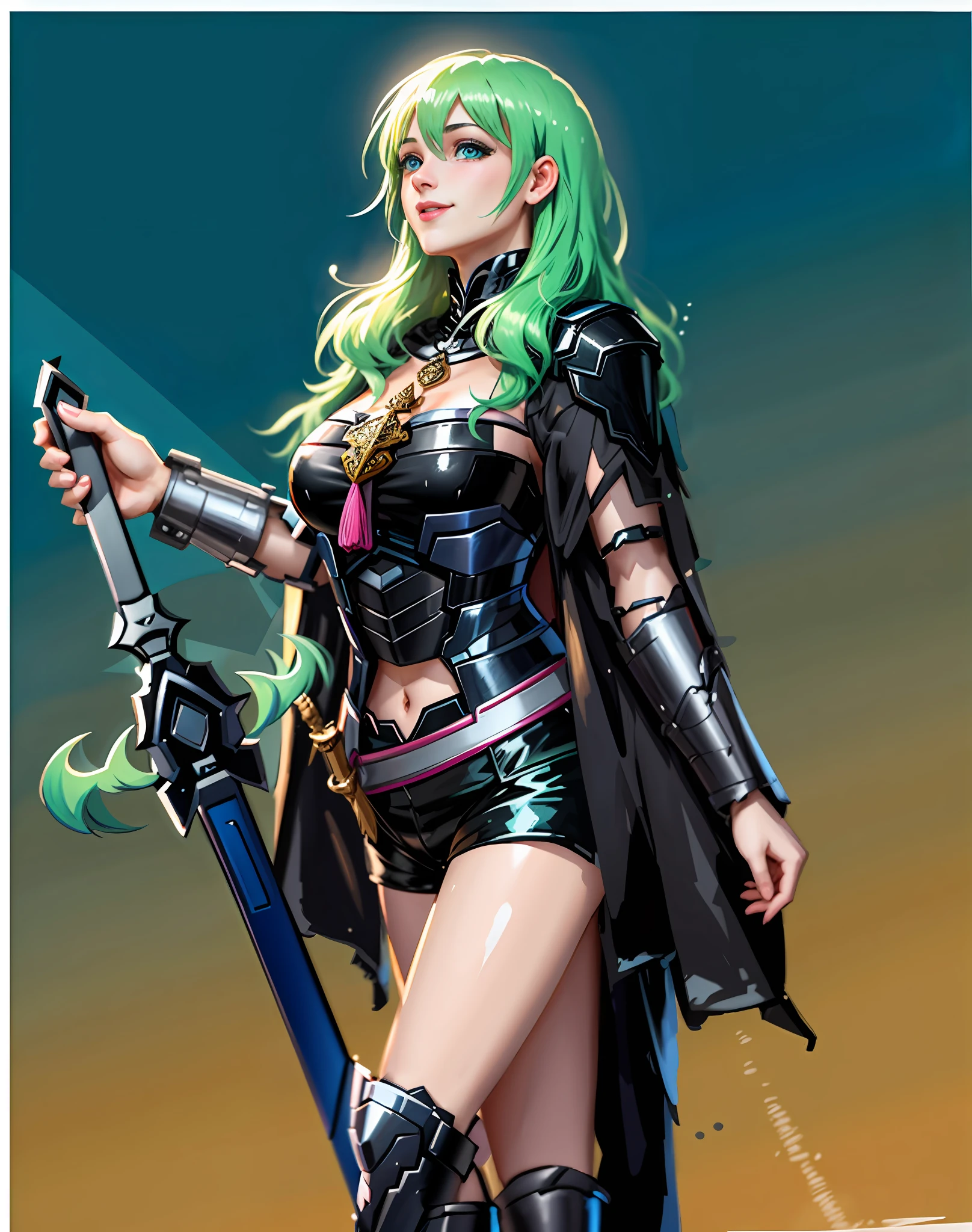 masterpiece, best quality, fembyleth, light green hair, green eyes, detached collar, black cape, black crop top, breastplate, tassel, belt, short shorts, gauntlets, portrait, smiling, open eyes, holding sword,