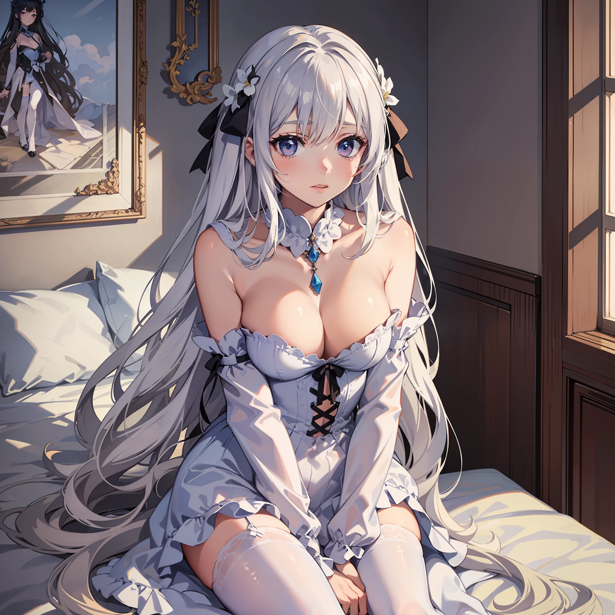 artwork of a:1.3), 8K, A girl, The tones are pastel, long hair flowing, whaite hair, White skin of the, The figure is bumpy,Overlooking,Tall and tall, White knee-length stockings+, interior scenes, Lie down in bed, Raised sexy,High-slit cutout pajamas+,Separate the sleeves,with a simple background, The characters are rich in detail, Strong sense of light and shadow, Lovely atmosphere, ((artwork of a)), ((The tones are pastel)),((detail-rich)) ,Cute anime style, 8K,best qualtiy,with a simple background,cleavage,Protruding