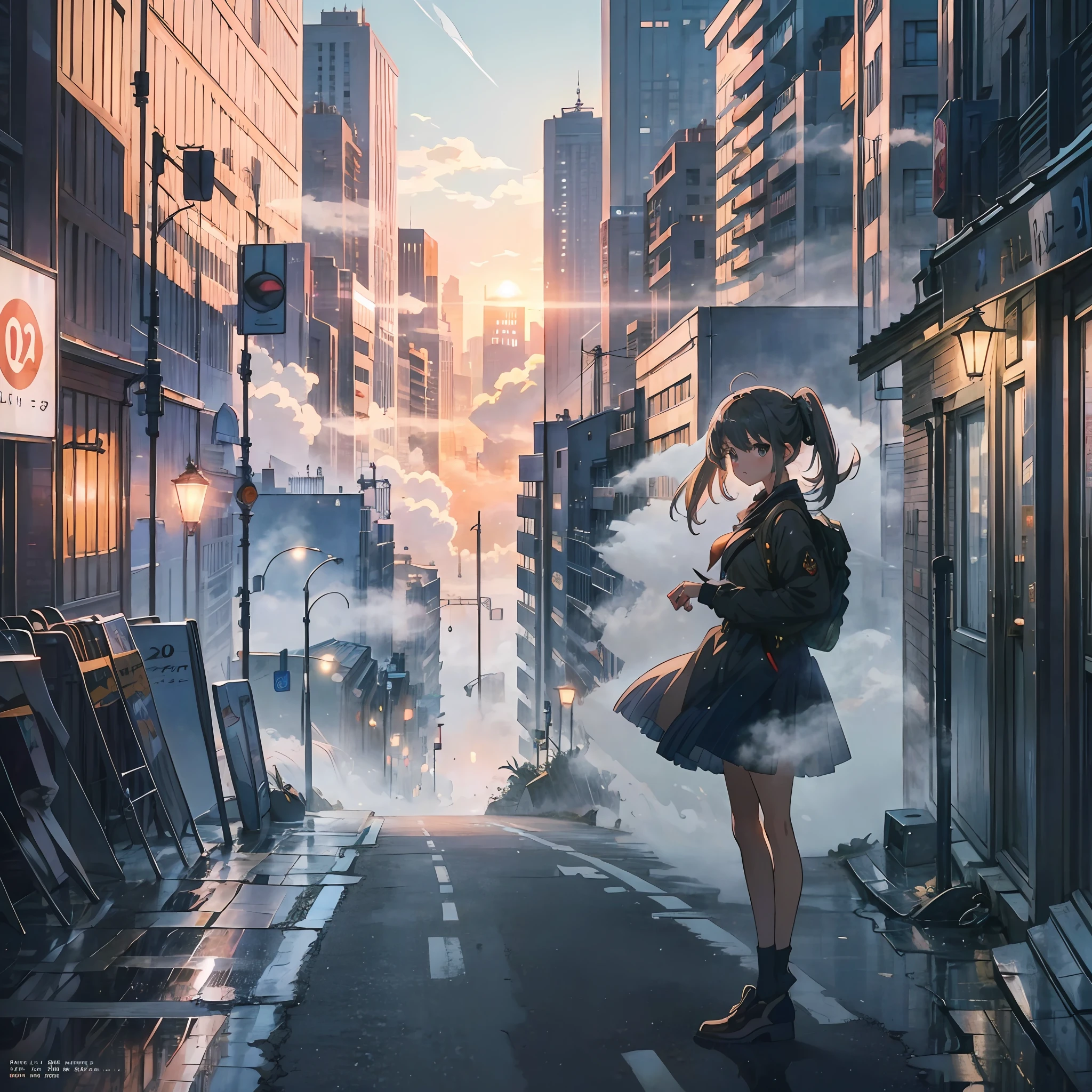 (best quality, masterpiece), 8k, highest quality, extremely detail, cinematic lighting, 1girl,(Cityscape), (anime girl: 2.0), standing on the front of the porche car, looking at viewer, bound hair, fog, --auto